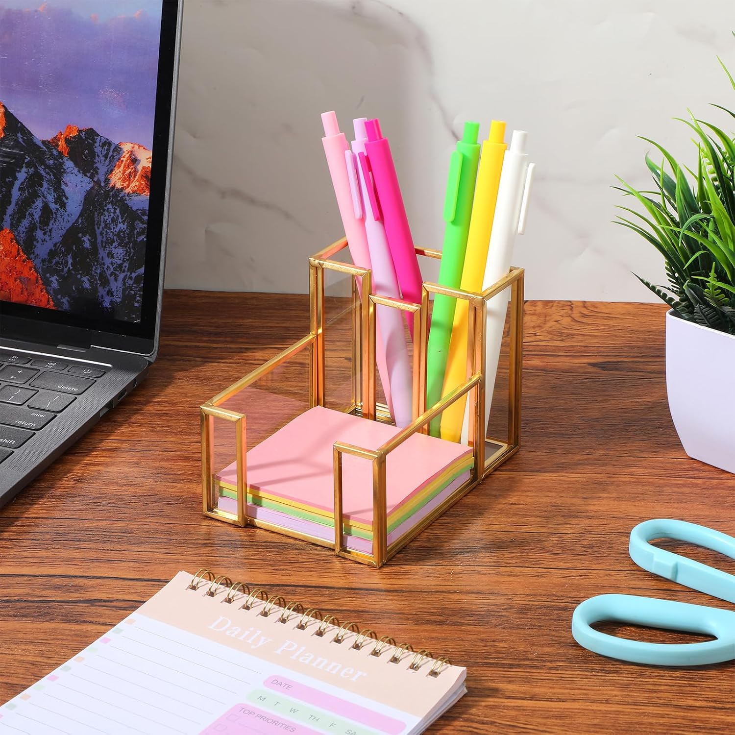 2 Pack Sticky Note Holder with Pen Slot - Elegant Gold Trim Glass & Metal 3x3 Inch Note Dispenser with Non-Slip Base for Desk Organization, Home Office Decor
