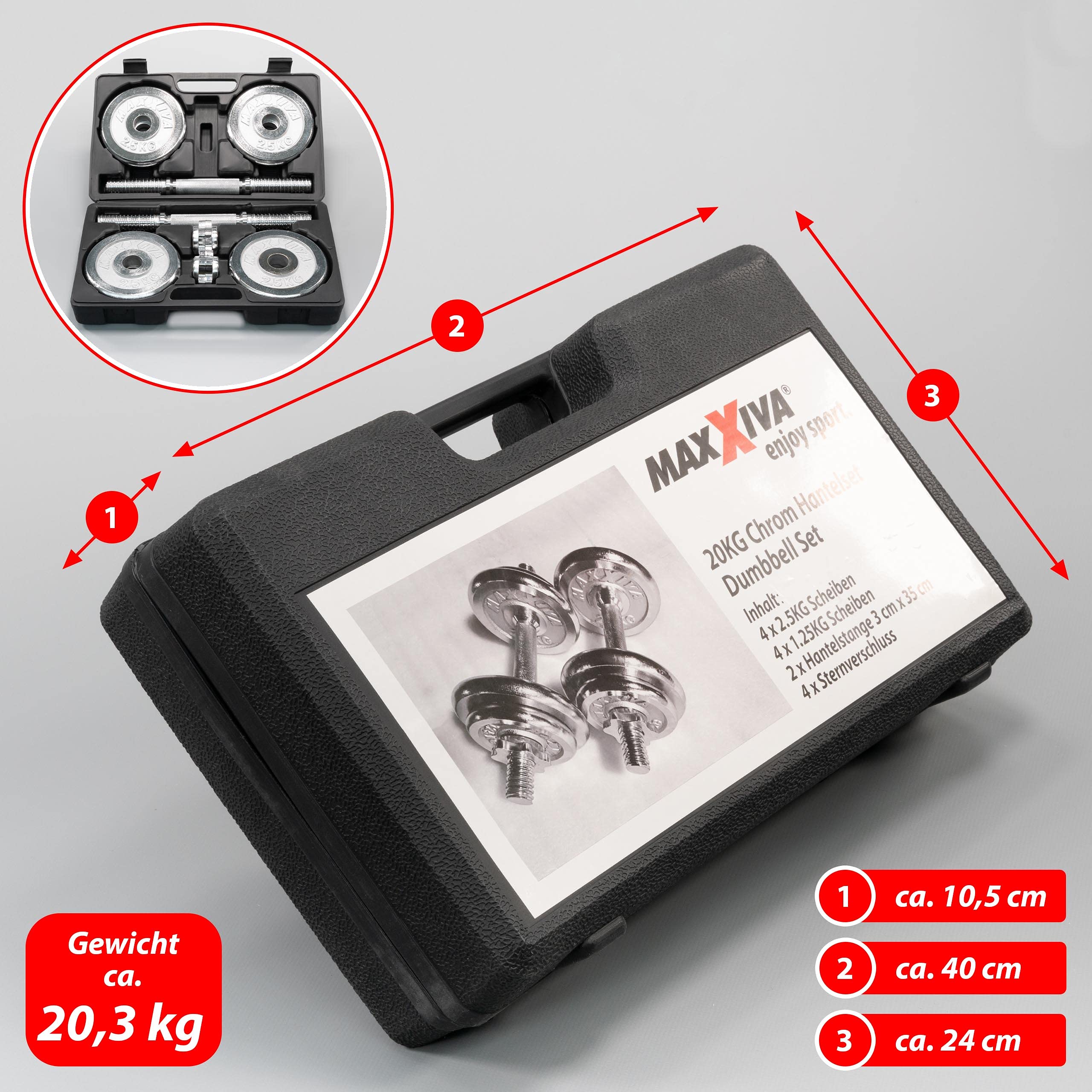 Kurzhantel-Set Chrome 2x10 kg 8 Gewichtsscheiben Sternverschluss Hantelset im Koffer Kraftsport Muskelaufbau Workout Bodybuilding Reha 20 kg