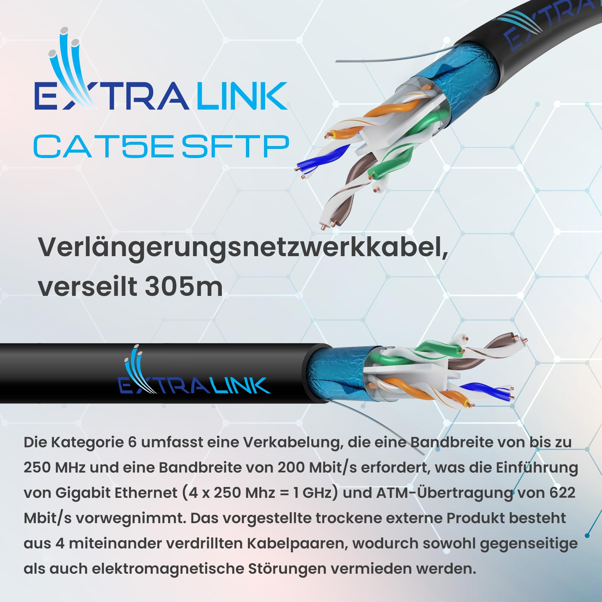 EXTRALINK CAT 6 FTP F/UTP Outdoor Ethernet Kabel 305 METER Extern Twisted Pair Internet Kabel LAN Verlegekabel AWG24 CCA UTP RJ45 Kupfer Kabel Installationskabel