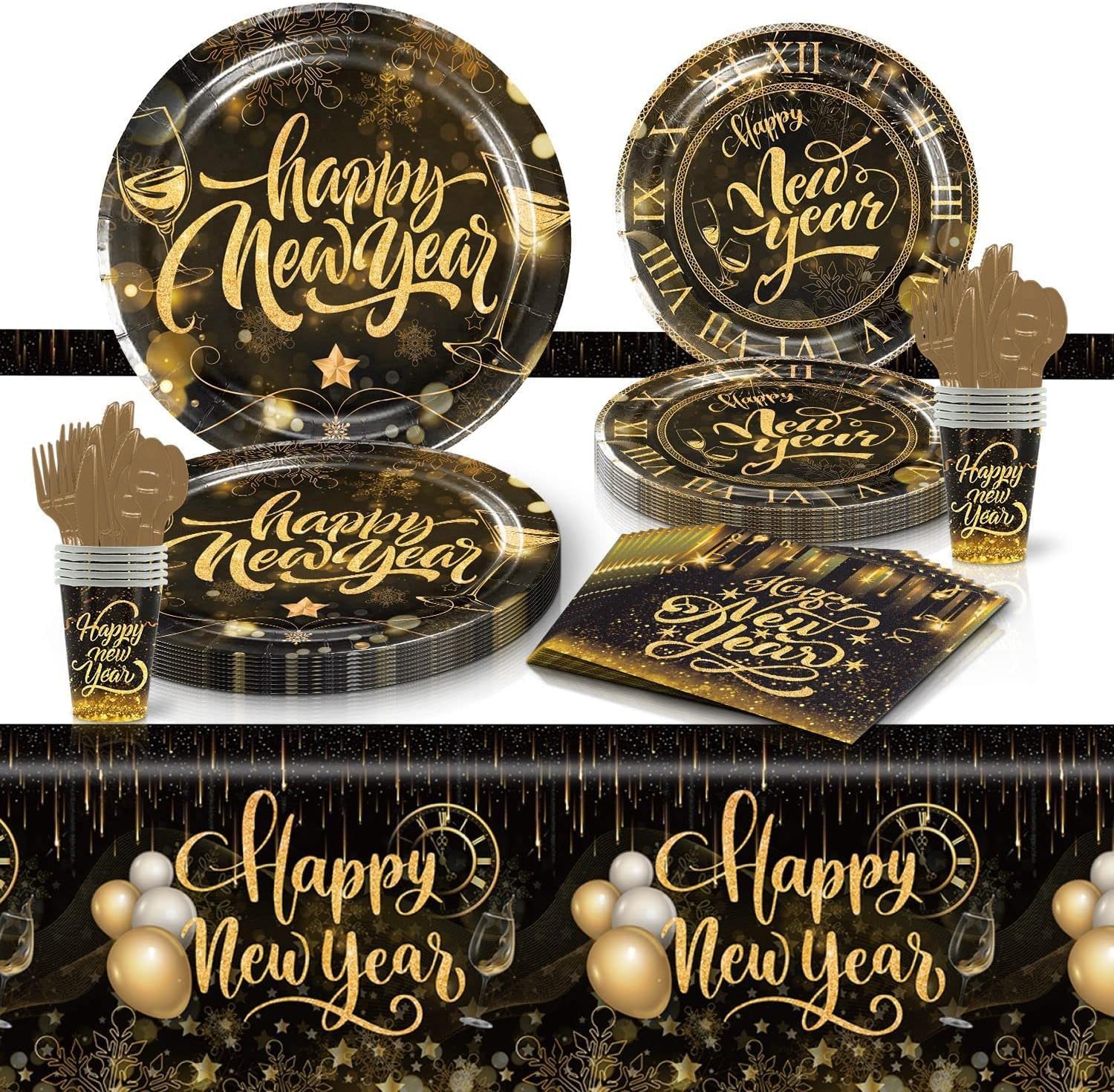 2025 New Year Tableware Set 68 Pcs Black and Gold New Year Dinner Plates Napkins Banner Balloons for New Years Eve Decorations 2025
