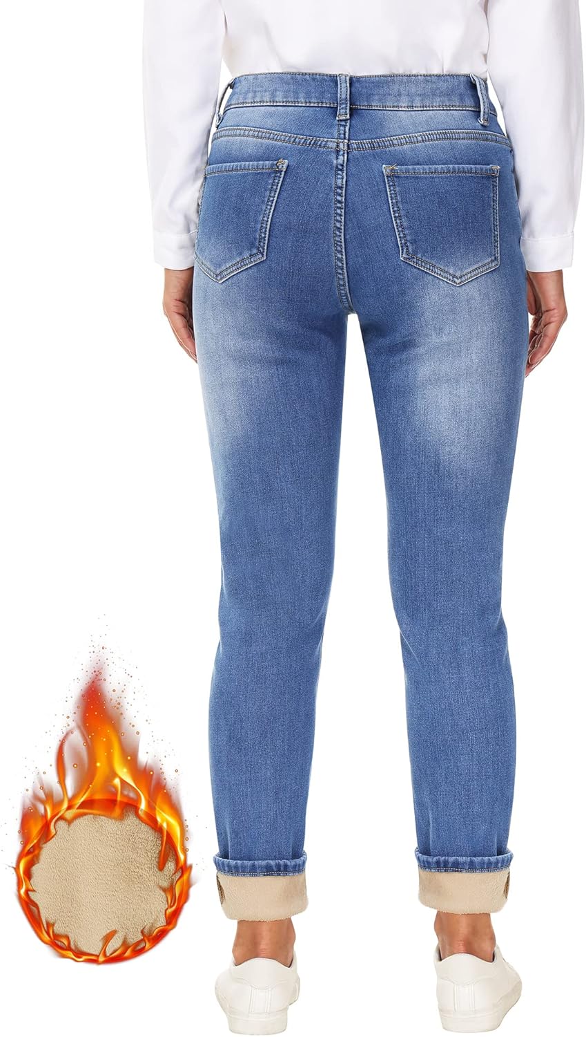 Qazel Vorrlon Women's Fleece Lined Jeans for Women Winter Warm Flannel Lined Jeans Womens High Waisted Skinny Stretch Pants - Image 3