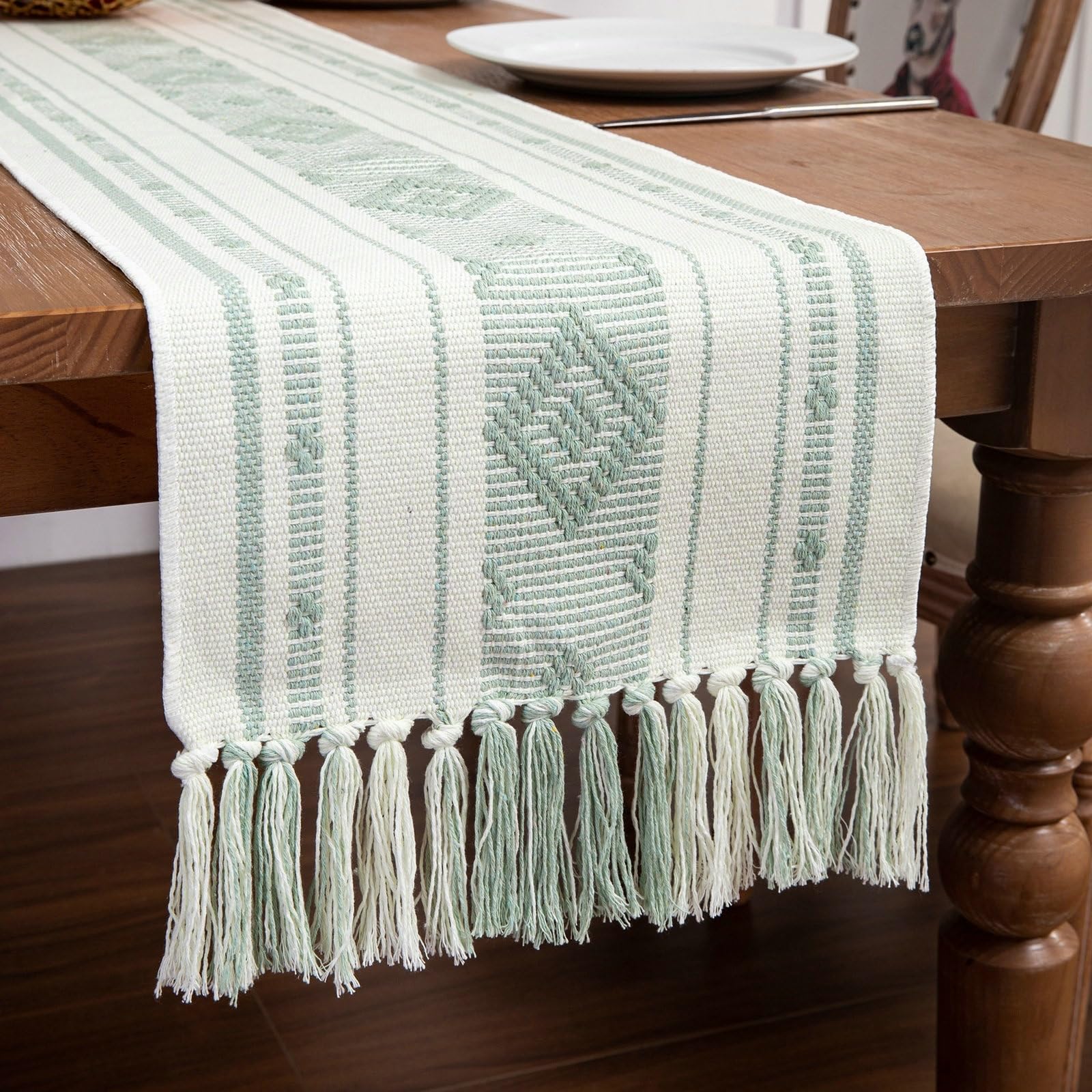 Tischläufer Polybaumwolle Wohnzimmer, Tischläufer Hochzeit 34x180 cm, Gewebt mit Quasten Ethno