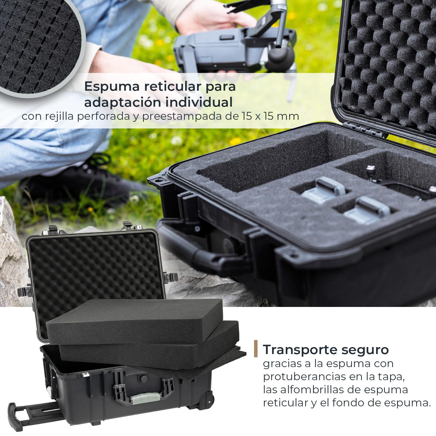 HMF Trolley de Exterior, Maleta para cámara con Espuma troquelada | 58,5 x 45 x 27,5 cm | Negro