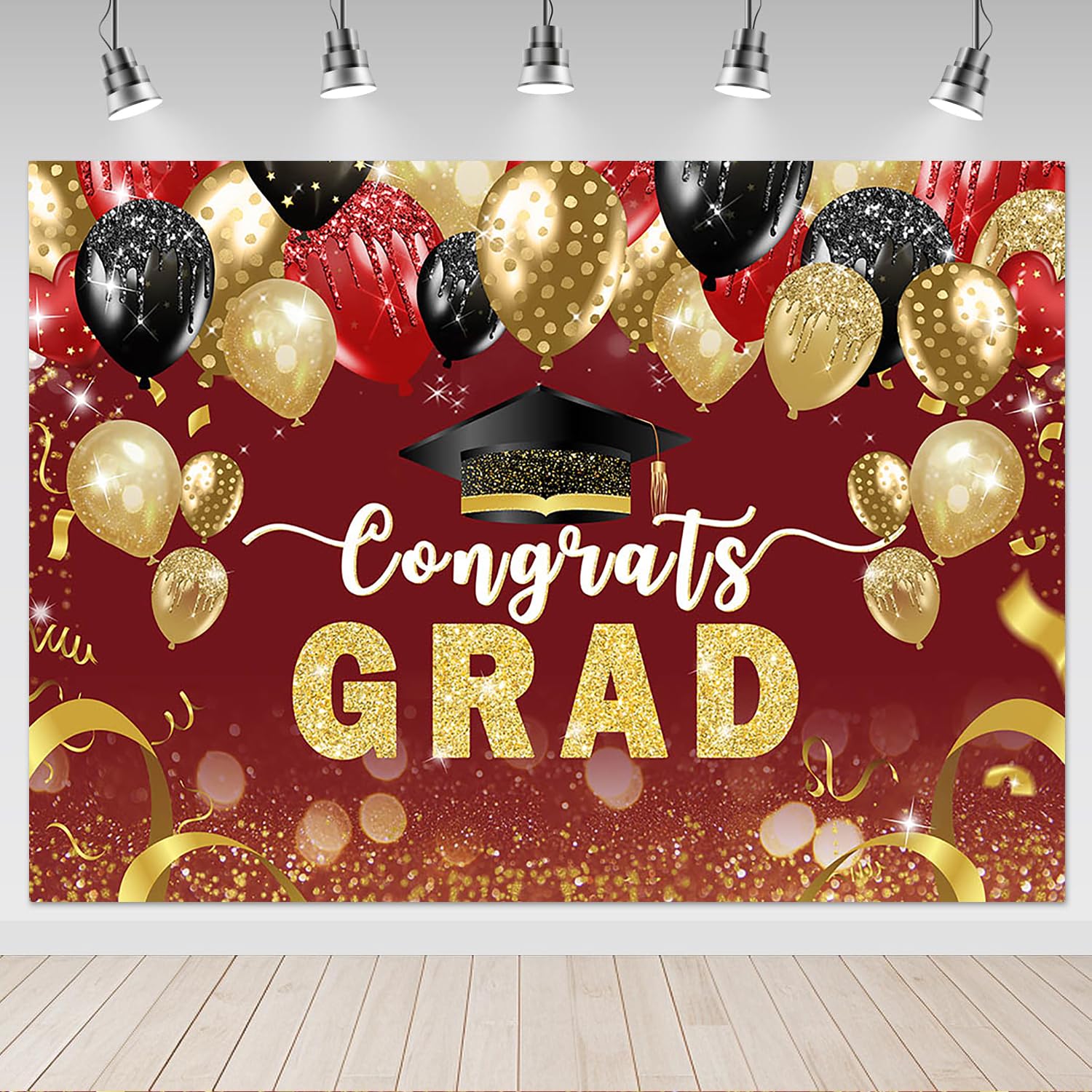 Mocsicka Congrats Grad Backdrop 7x5ft - Red Gold Congrats 2026 Graduation Graduate Party Decorations Background, Class of 2026 Photography Backdrops