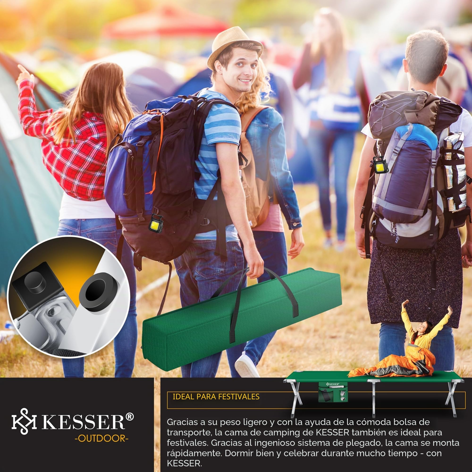 KESSER® Cama de Camping Plegable Resistente con Bolsa de Transporte, Bolsillo Lateral y Luz de Camping | 190x73x45cm hasta 150 kg Tubo de Metal | Tela Oxford 600D Portátil Cómoda | Verde