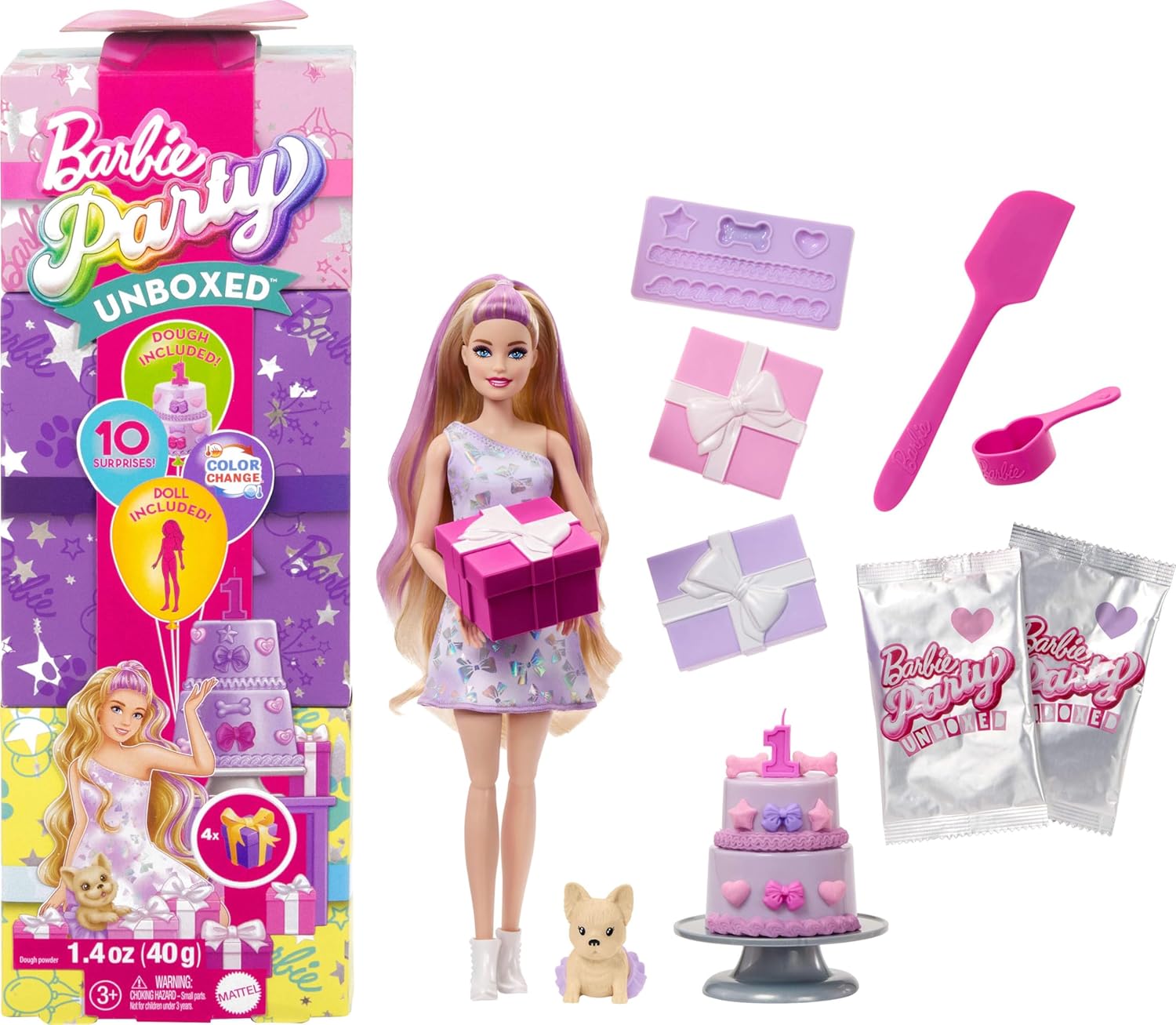 Barbie Party Unboxed Doll & Accessories, Pet Birthday Series Birthday Bows Set with 10 Surprises Including Color Change & Cake-Decorating Activity