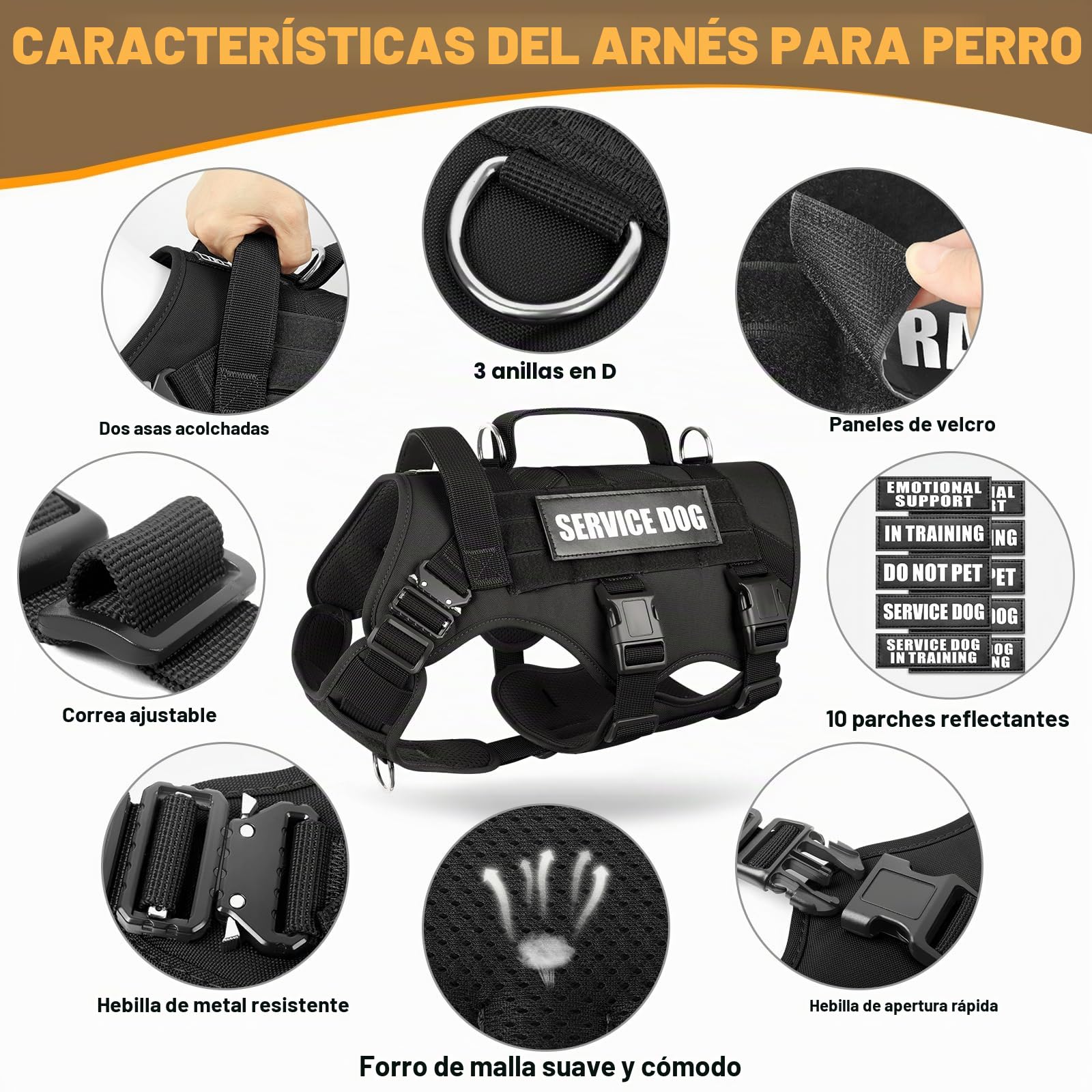 WINSEE Arnés para Perros de Servicio, Chaleco táctico MOLLE con 10 Parches para Mascotas, antitirones, Resistente, para adiestramiento y Paseos, Perros Grandes