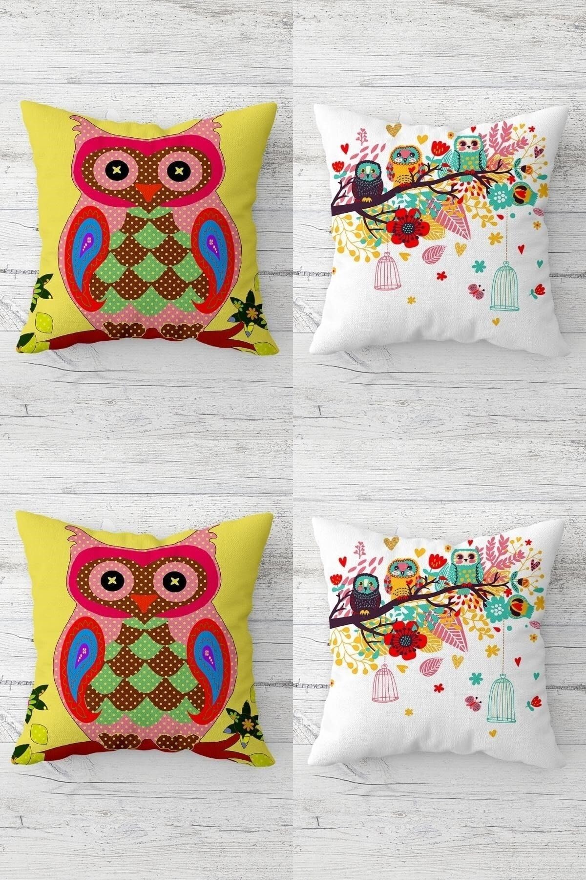 Pelangi Sevimli Baykuş Daldaki Baykuş Desen Gizli Fermuarlı Kırlent Kılıfı Koltuk Yastık Kılıfı Takım(4adet), Fuşya-Yeşil-Beyaz 45 x 45