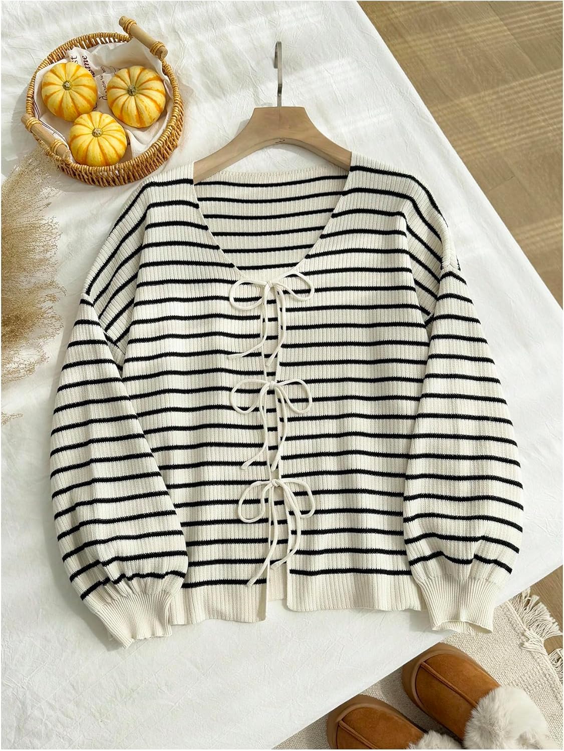 Women's Plus Size Striped Cardigan Sweater Tie Front Long Sleeve V Neck Knitwear Tops - Image 5