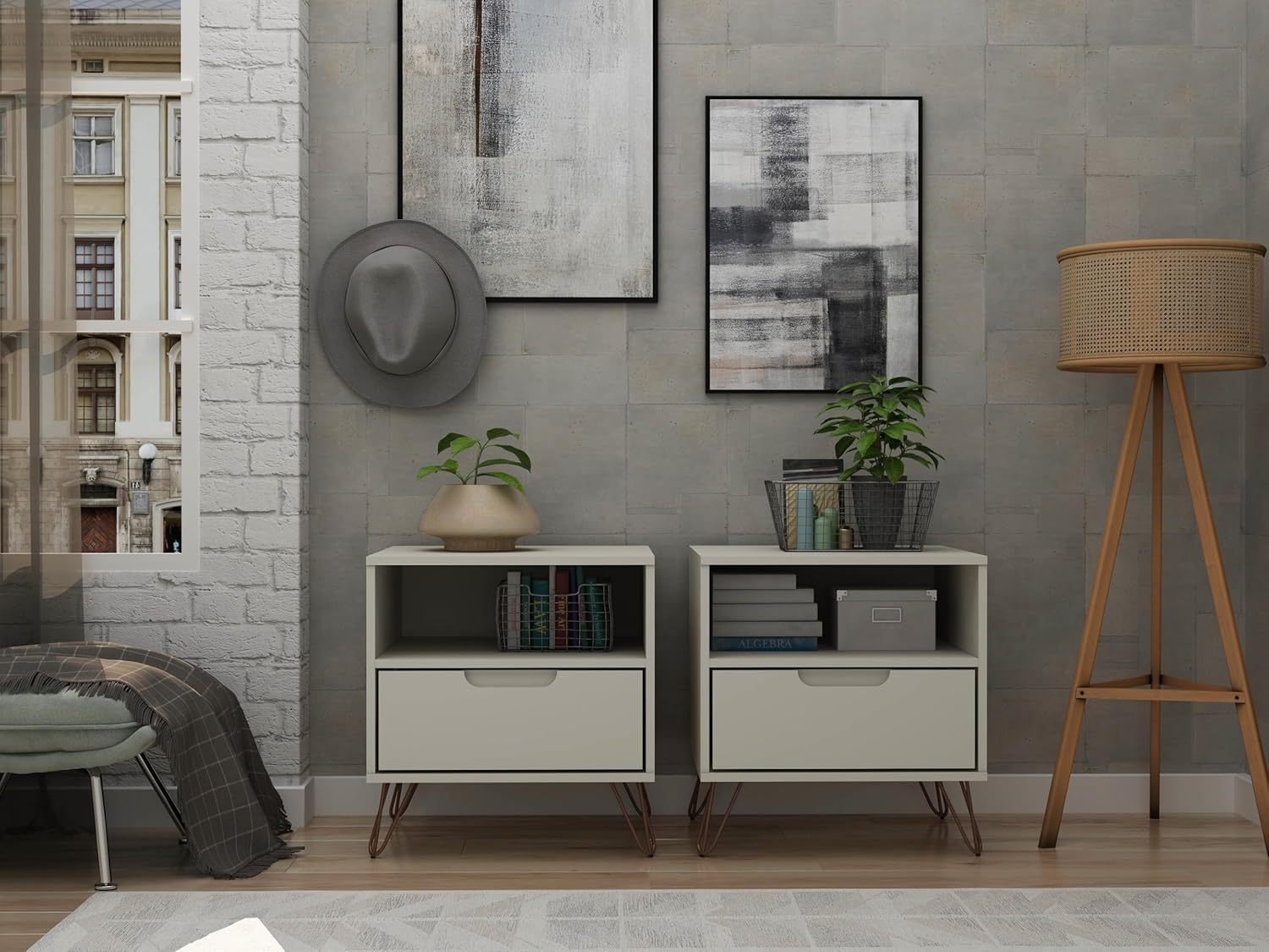 Off-White 1-Drawer Nightstand with Hairpin Legs