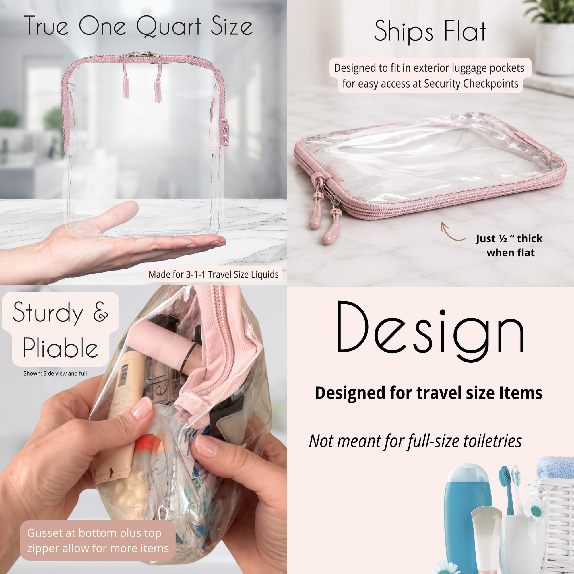 BORSALI TSA Approved Toiletry Clear Quart Size Bag, 2 Pack
