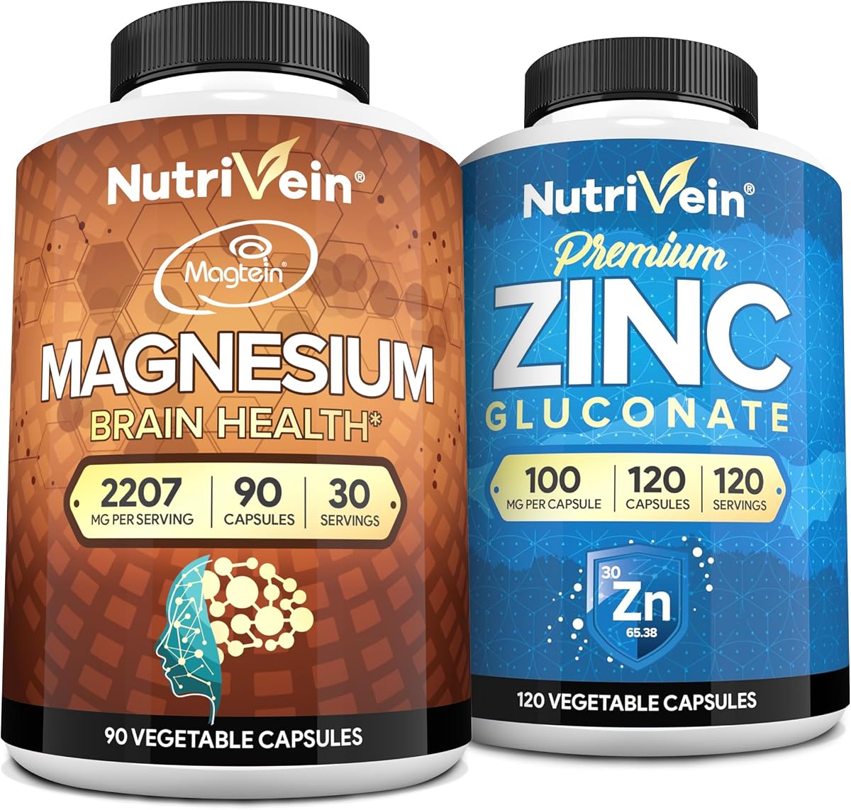 Nutrivein Premium Magnesium L-Threonate & Zinc Gluconate Supplements Bundle: High Absorption Zinc Gluconate + Magnesium Threonate Supplement Pair for Whole-Body Wellness, Defenses, & Balance