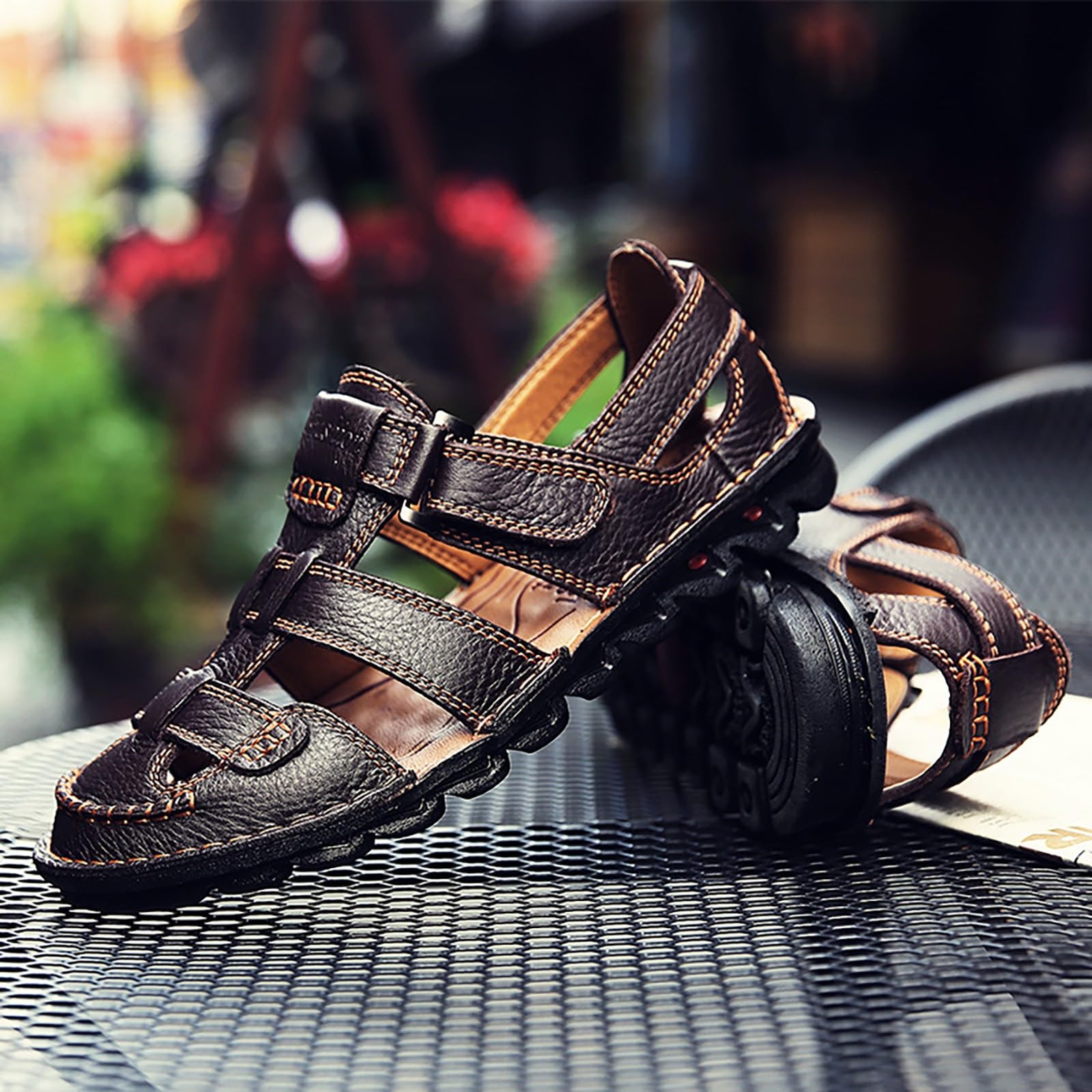 chanclas de cuero hombre Sandalias de comercio exterior de PU para hombre, transpirables, cosidas a mano, informales, para playa, de comercio exterior chanclas de cuero hombre