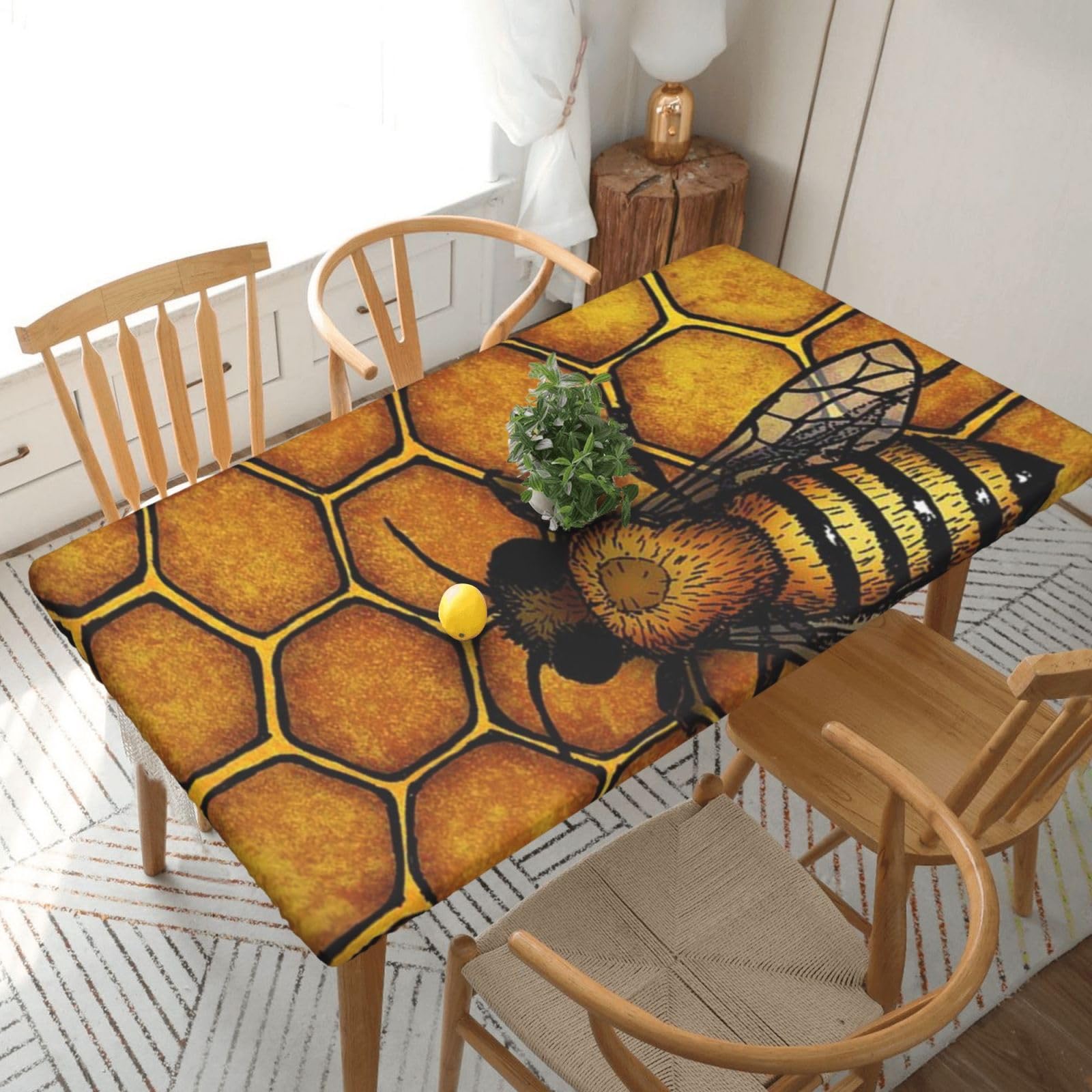 DCEHGEW Elastic Fitted Rectangle Tablecloth for 5ft Tables, Bee Honeybee Printed Oilproof & Washable Fabric Picnic Table Cloth Table Covers
