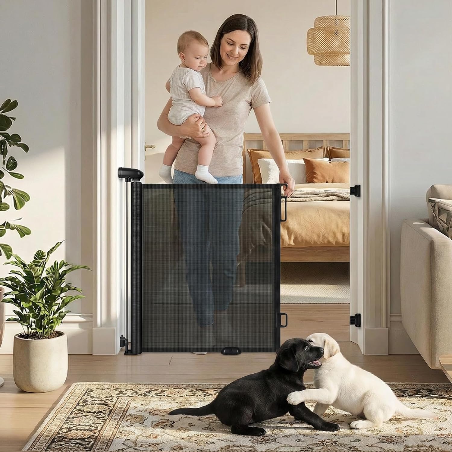 Upgraded 71in Retractable Baby Gates, Mesh Dog Gate with Floor Lock - Safety Gate for Infants, Toddlers, Dogs & Pets, Scratch Resistant Sturdy Gate for Baby Pet Indoor Doorways Kitchen Small Hallways