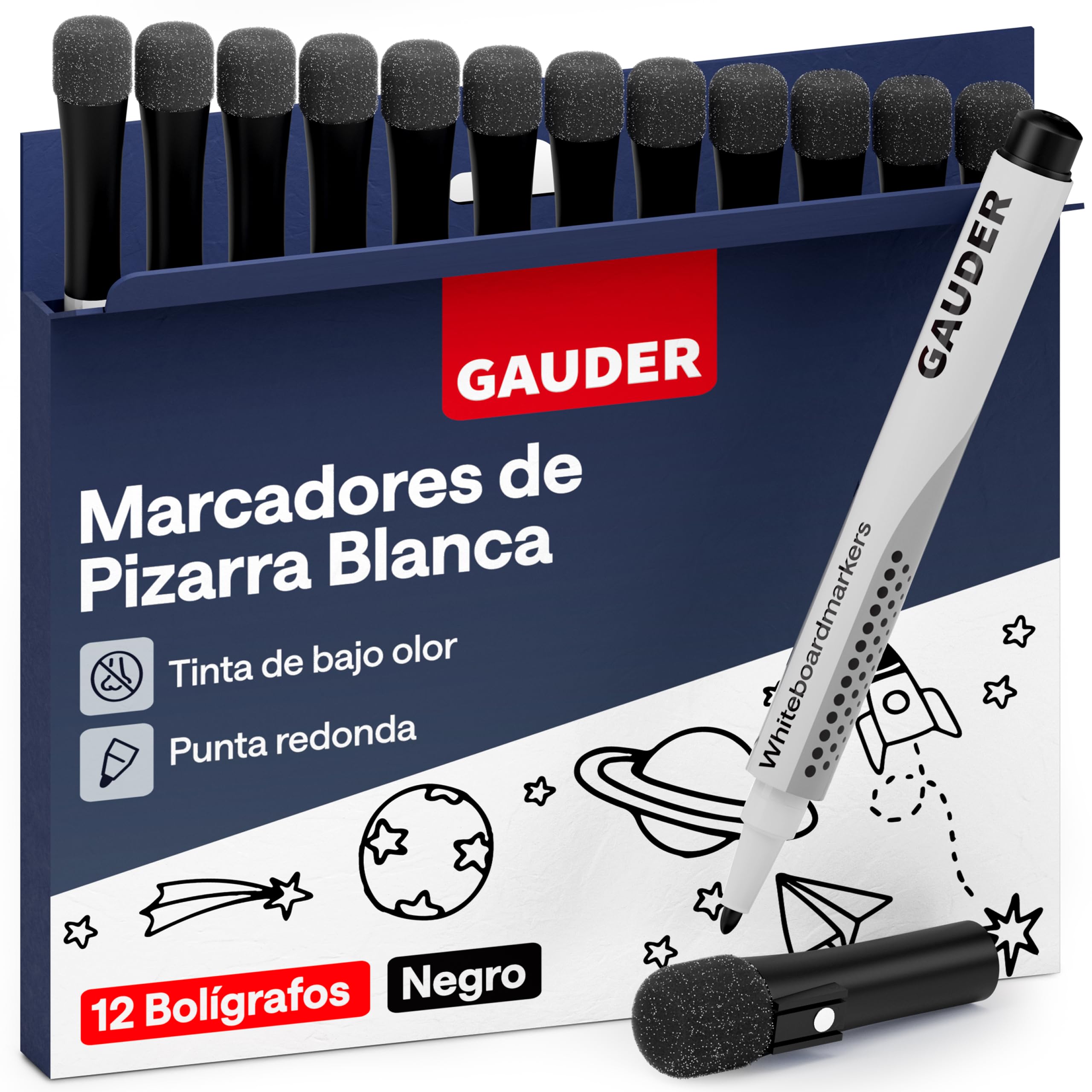 GAUDER Set de Rotuladores para Pizarra Blanca (12 piezas – negro) | Borrables en seco sin dejar residuos | Rotuladores borrables con esponja, ideales para pizarras blancas y magnéticas