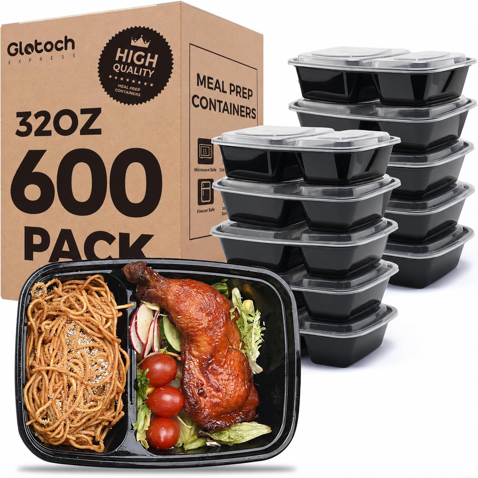 Glotoch Express 600 Pack 32 oz Meal Prep Containers,2-Compartment Reusable Food Storage Containers with Lids,Microwave Freezer Dishwasher Safe,Sturdy Leakproof&amp;BPA Free Bento Box for To Go Take Out