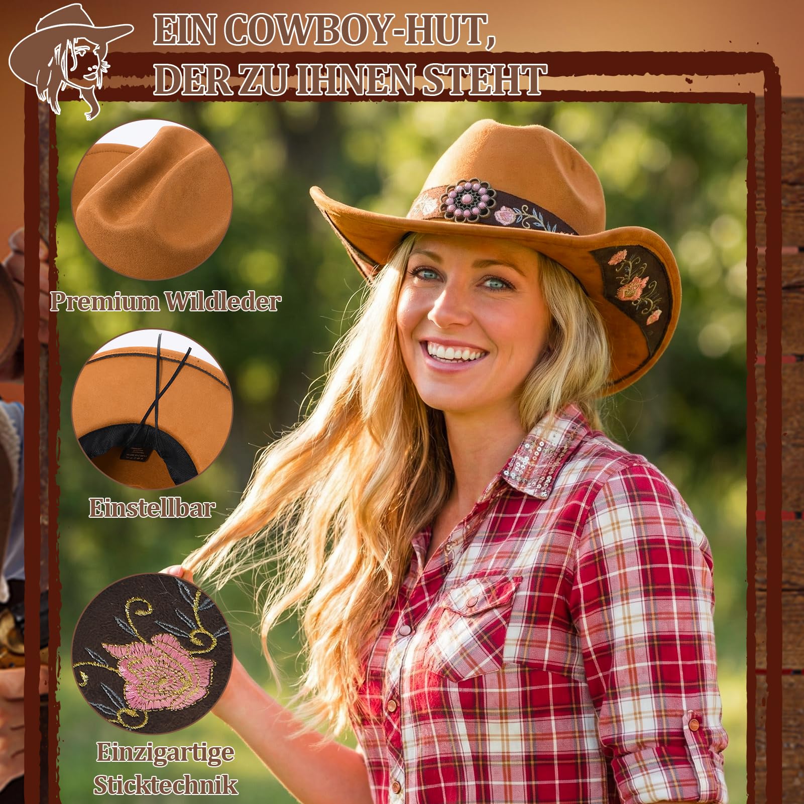 Utensilsto Western-Cowboyhut für Damen mit breiter Krempe und Stickerei