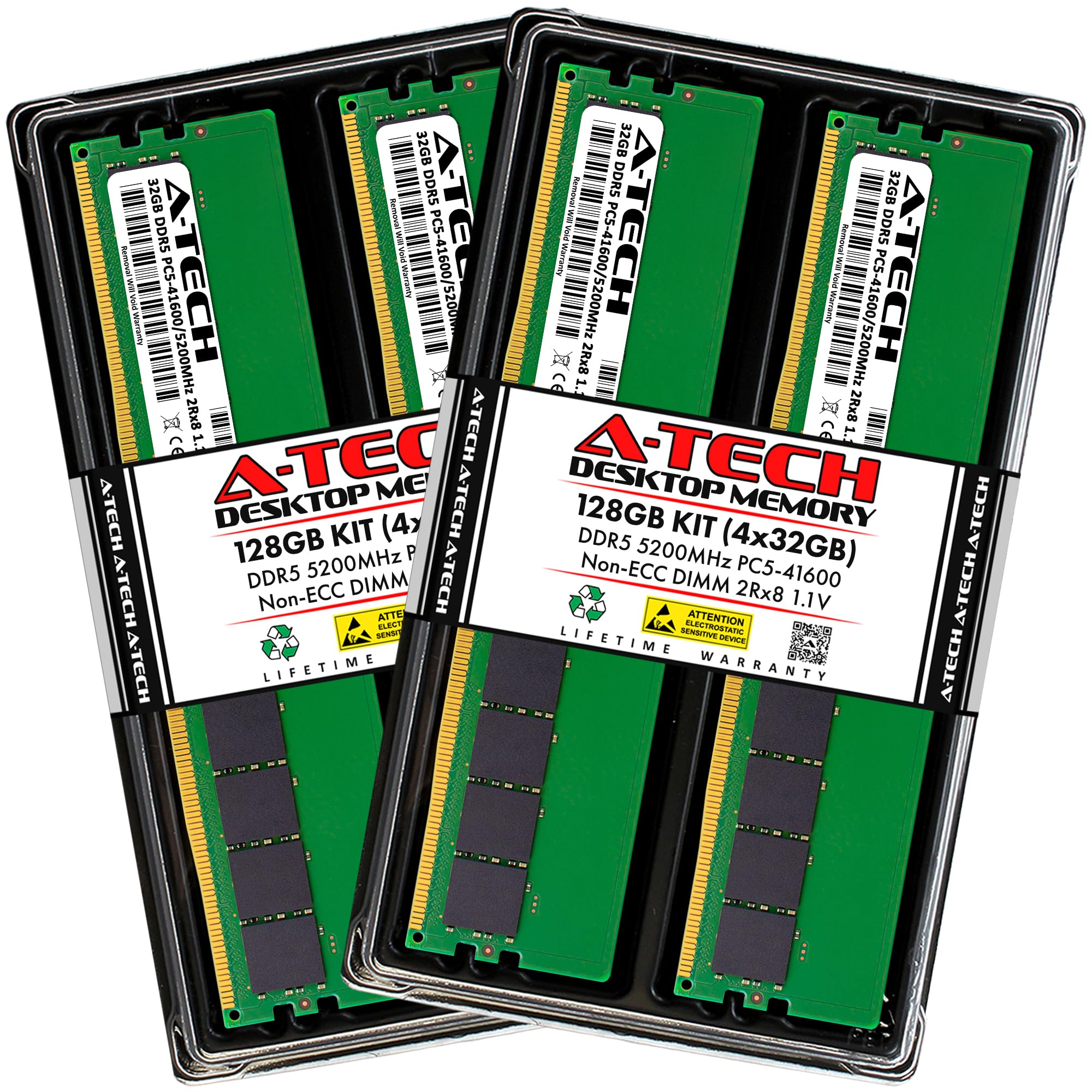 A-Tech 128GB Kit (4x32GB) DDR5 5200MHz PC5-41600 CL42 UDIMM 2Rx8 Dual Rank 1.1V Non-ECC Unbuffered DIMM 288-Pin Desktop PC/Computer RAM Memory Upgrade Modules