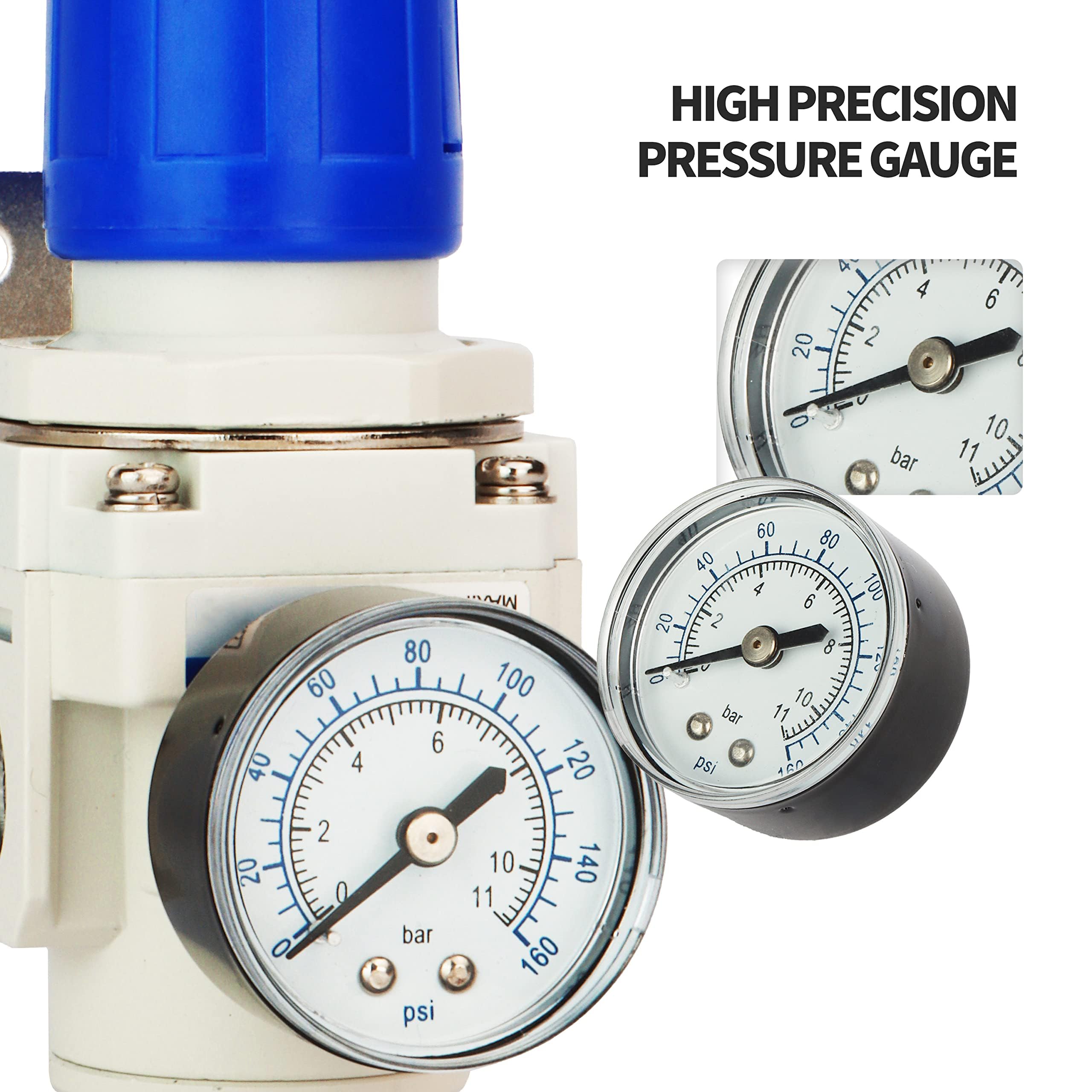 BLCH 3/8" BSP Druckluftregler – Druckregler für Kompressoren, Kompressor-Regler mit Lufttrocknungssystem AR3000-03, inkl. Manometer (0-160 PSI)