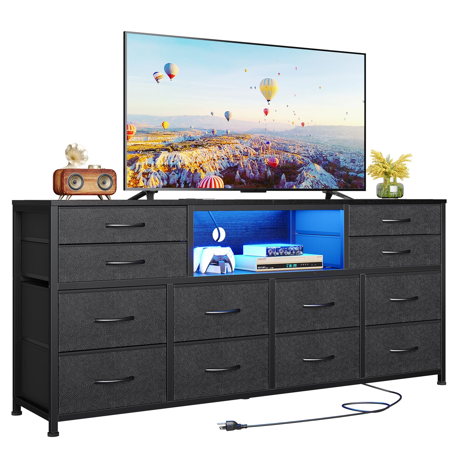 BTHFST LED TV Stand Dresser for Bedroom with Power Outlets, 55 inch Entertainment Center with 12 Drawers, Media Console Table for 32/45/55/60 inch TVs, Chest of Drawers for Bedroom, PU Black
