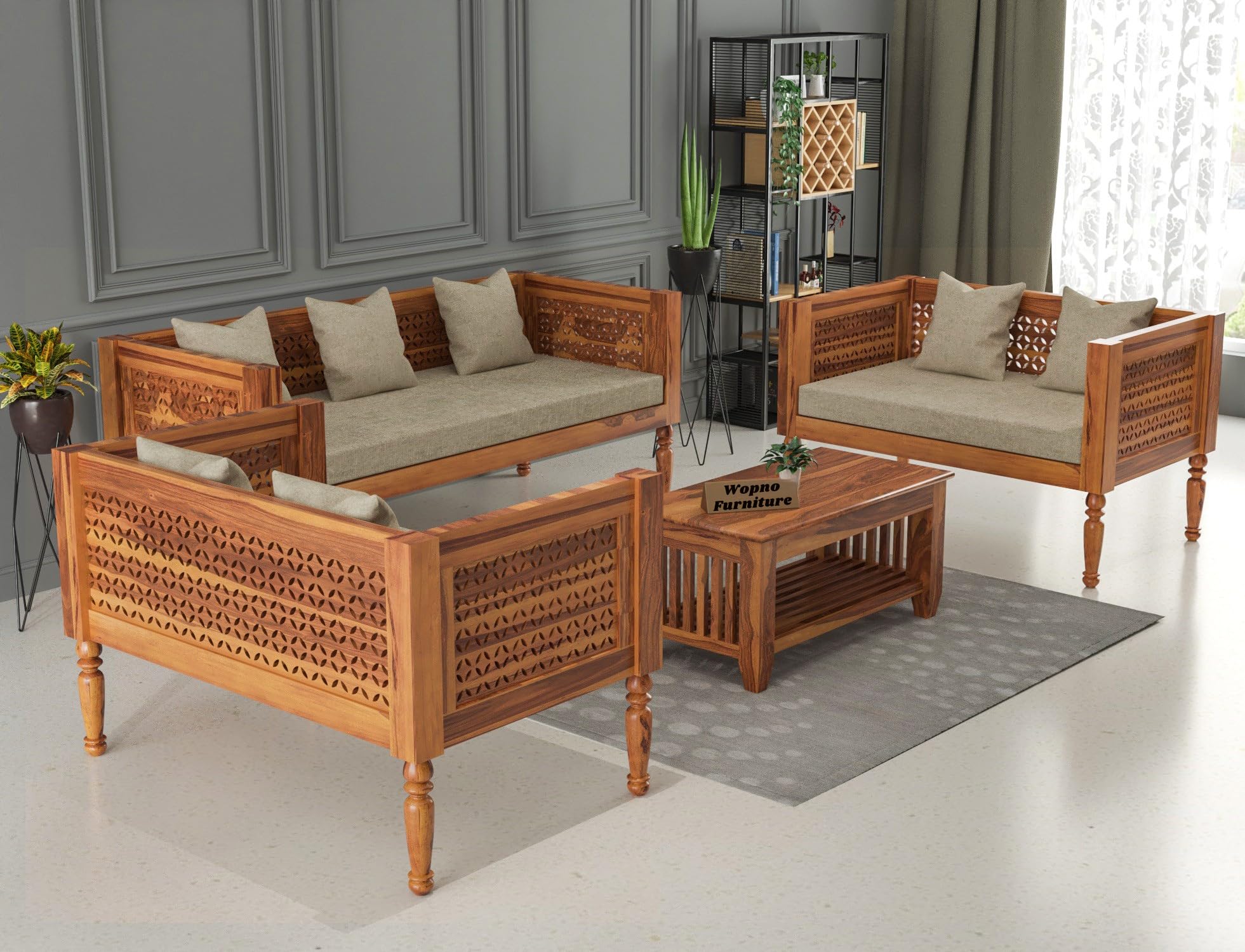 Wopno Furniture Sheesham Wooden 7 Seater SofaSet for Living Room | Rosewood Cushion Sofa | Solid Wood Sofa Set Without Small Pillow for Lounge (Honey, 7 Seater)