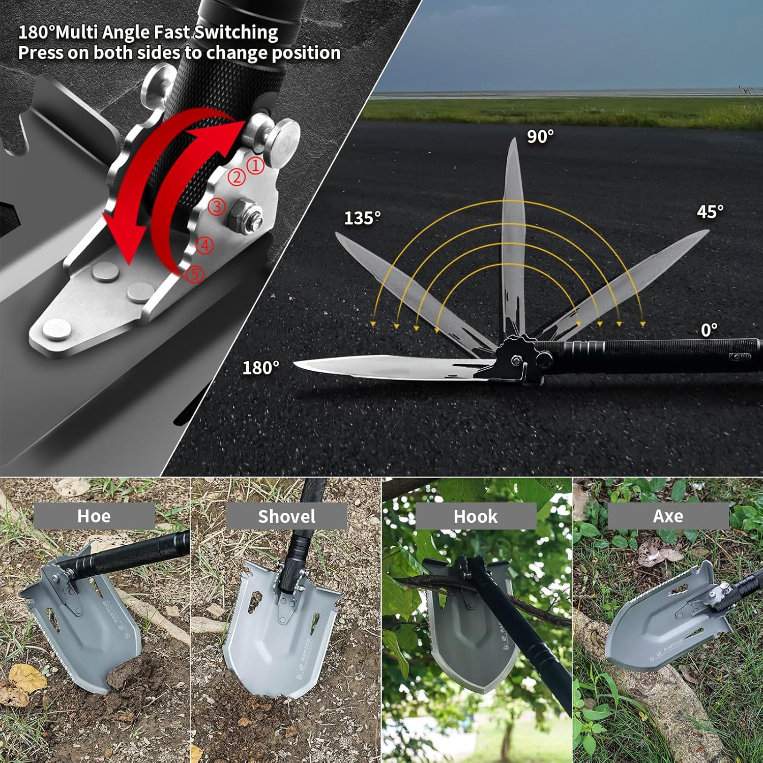 HX OUTDOORS Survival Tactical Shovel, Multifunctional Folding Camping Shovels, Foldable Camp Shovel with Aluminium Alloy Handle (Black)