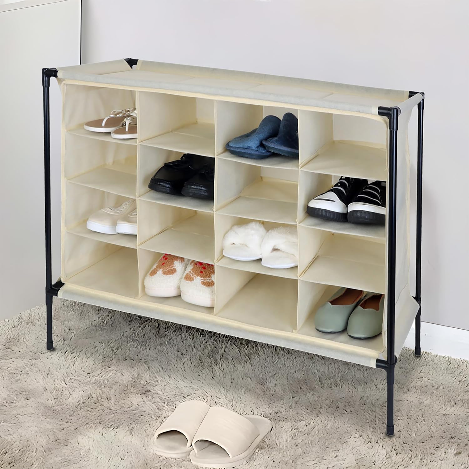 Relaxdays Camping Shoe Rack, 16 Compartments, Easy Assembly, Sturdy Fabric Shoe Cabinet, H x W x D: 65 x 84 x 36 cm, Beige