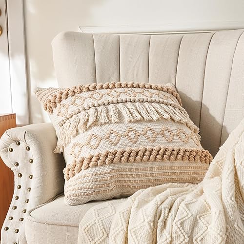 Miniatura 3 de Funda de almohada bohemia hecha a mano de 18 x 18 pulgadas, fundas de almohada decorativas de hilo de algodón bohemio color caqui crema con textura