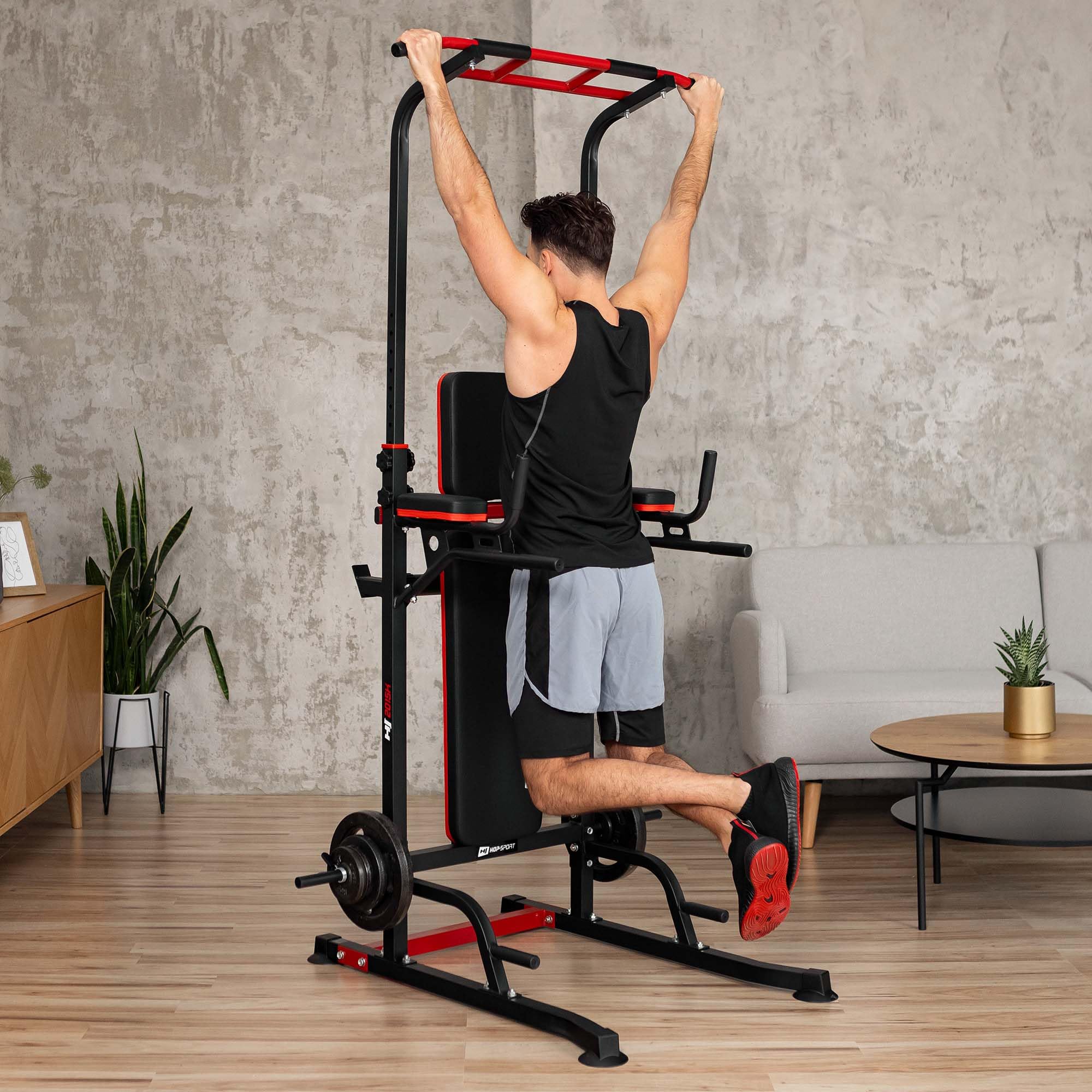 HOP-Sport® Power Tower HS-2015K avec Station de dips et Barre de Traction, Chaise Romaine avec Banc de Musculation Pliable et Support pour haltères, Station de Musculation avec Charge Max. 150 kg