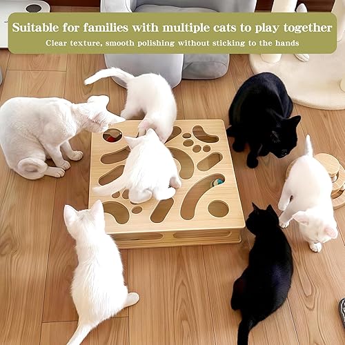 Miniatura 7 de Caja de juguetes interactiva de madera para gatos con 4 bolas, juguete interactivo para gatos de interior, juguete de caza, juguete de tratamiento,