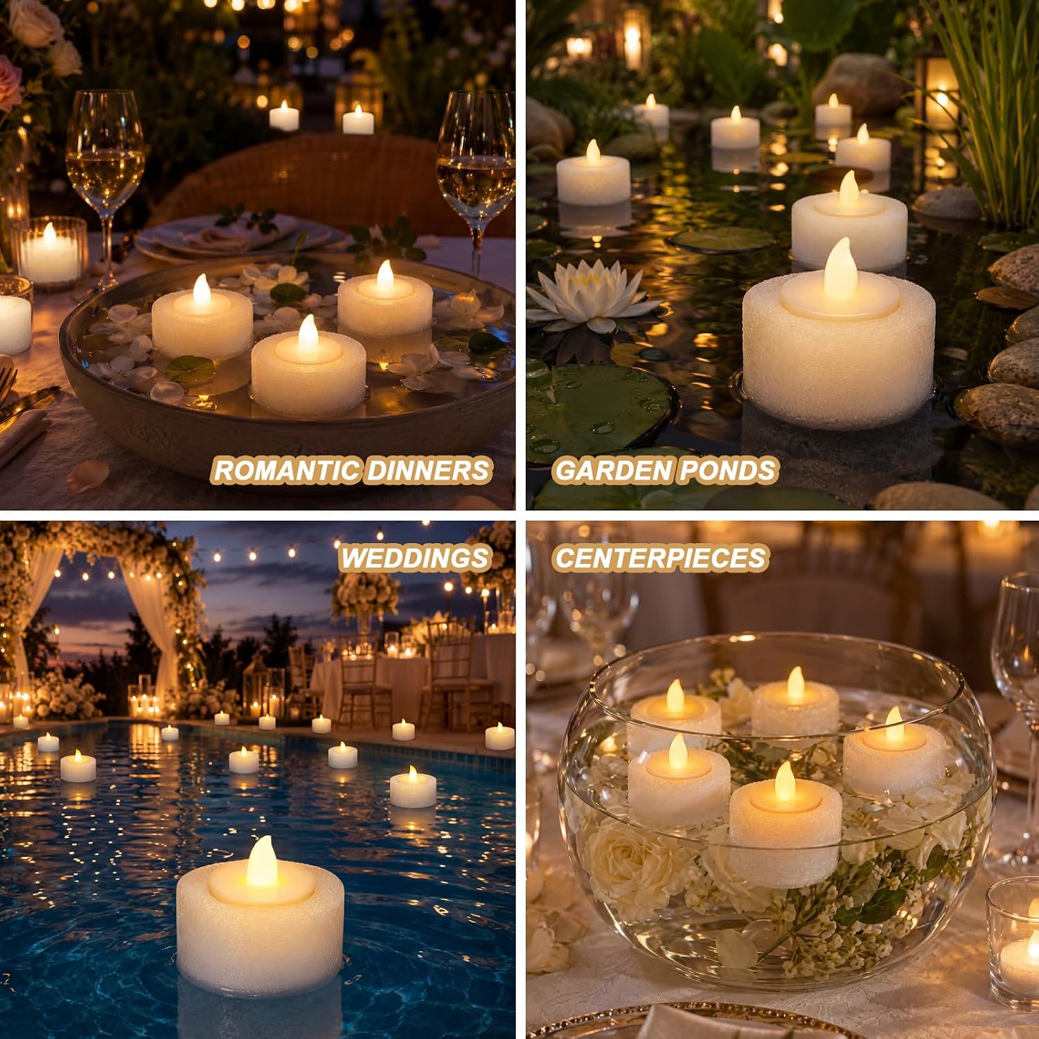 VIHOSE 24 Pcs DIY Pool Floating Candles LED Floating Flameless Candle 1.4" Tealights Candles 2.2" White Foam Rings for DIY LED Candle Centerpiece Pool Bathtub Fountain Wedding Decor