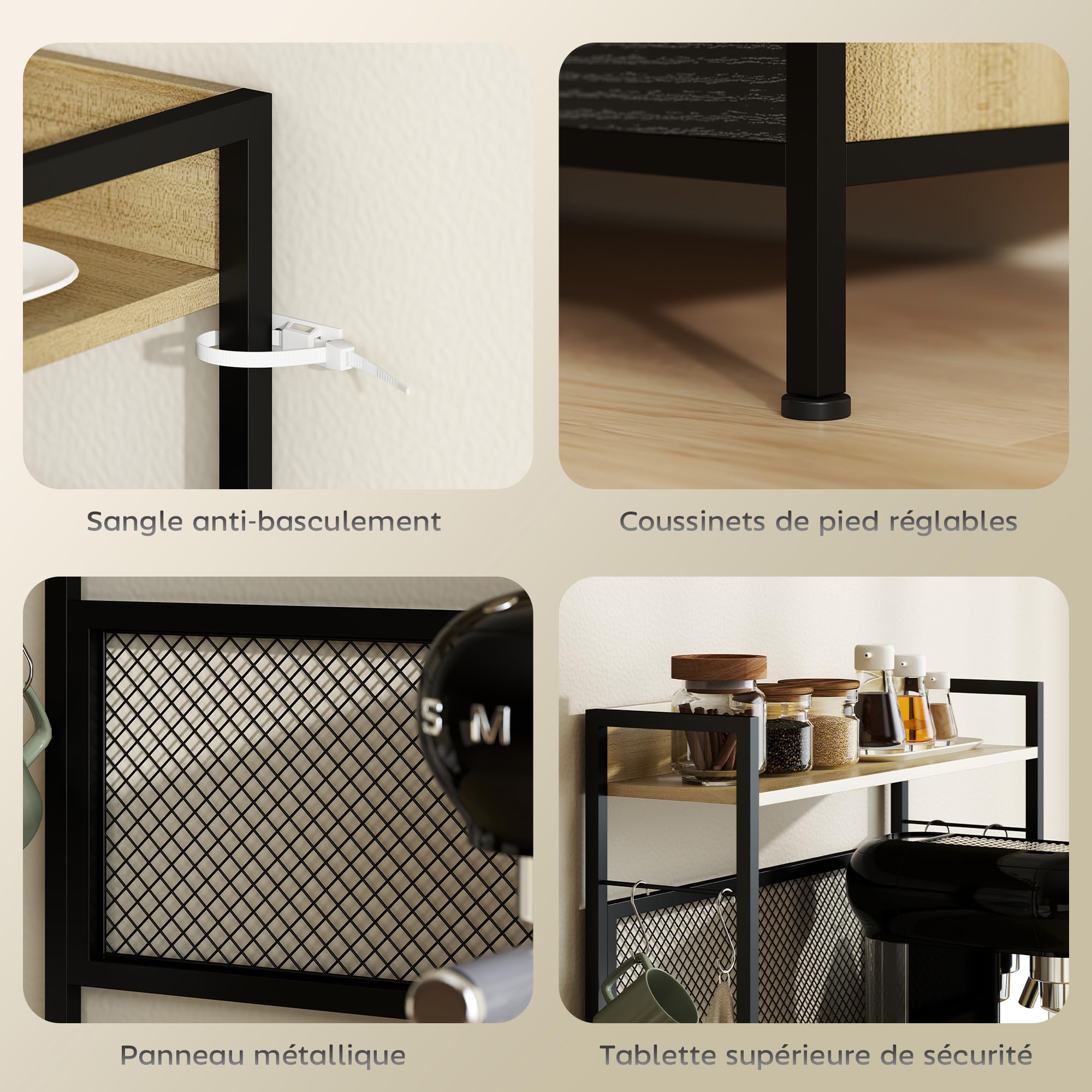 HOMCOM Armoire de Cuisine Buffet Industriel 60x40x132cm Bois Naturel | Meuble de Rangement, 3 Tiroirs, Plan de Travail, Étagère, 4 Crochets, Meuble Micro Onde, Salle à Manger, Salon