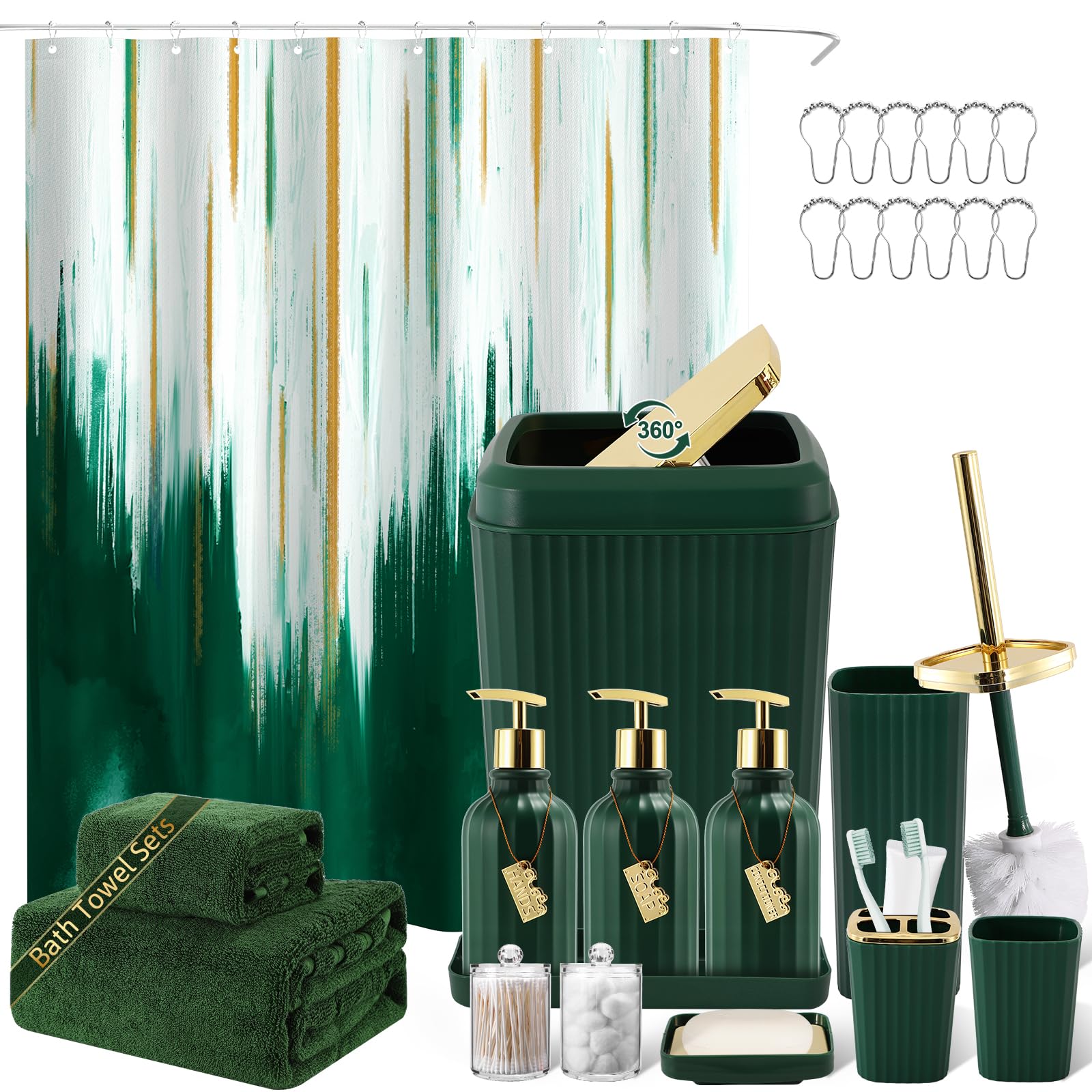 WSBArt 20PC Bathroom Accessory Set Green Bathroom Accessories Bathroom Set, Shower Curtain Set, 2 Piece Bath Towel Set, 3PC Soap Dispenser, Toilet Brush & Trash Can