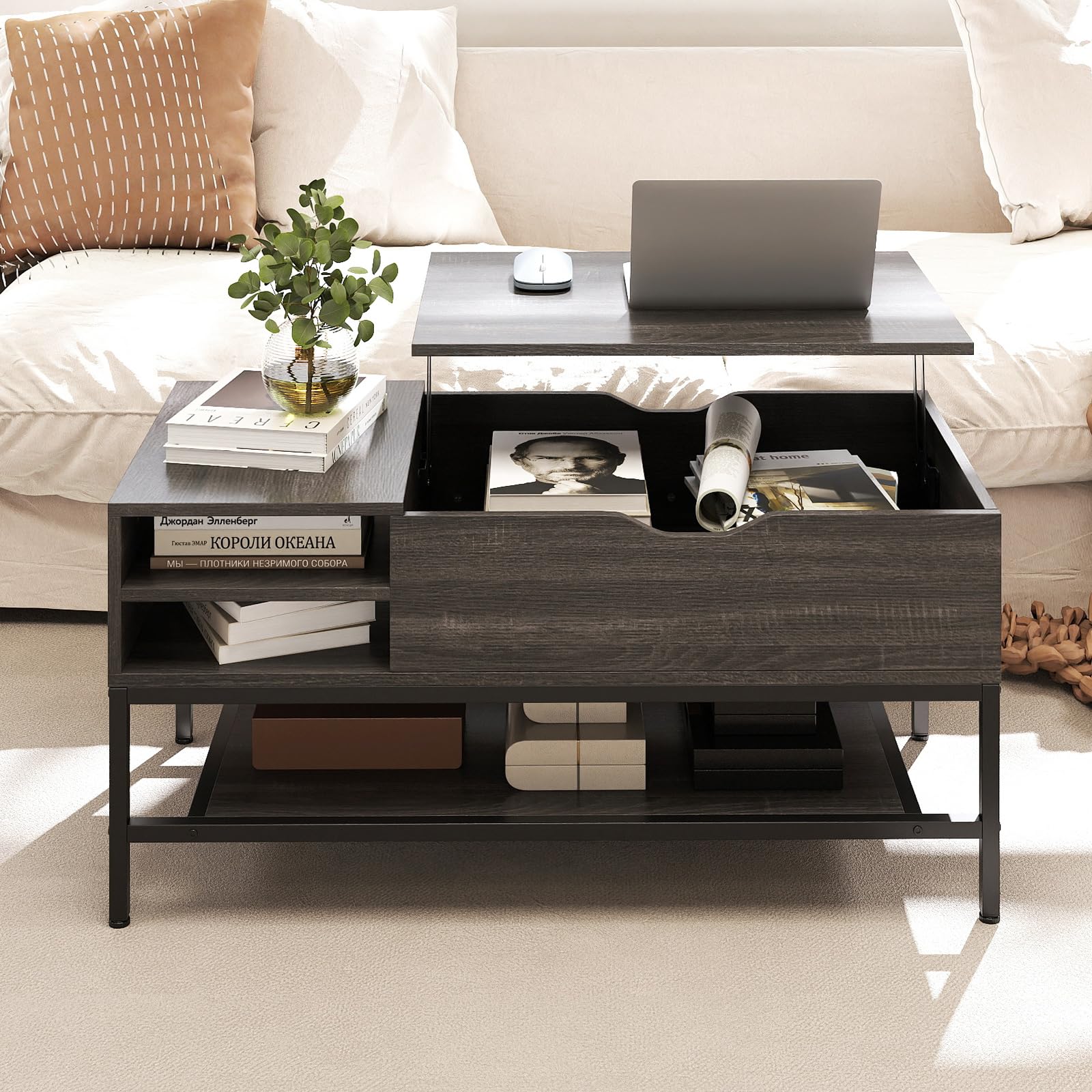 COSTWAY Couchtisch höhenverstellbar, Wohnzimmertisch mit offenem Fach und Ablagefach, Kaffeetisch, Sofatisch, Beistelltisch für Wohnzimmer, 99,5 x 49,5 x 47,5 cm (Grau)
