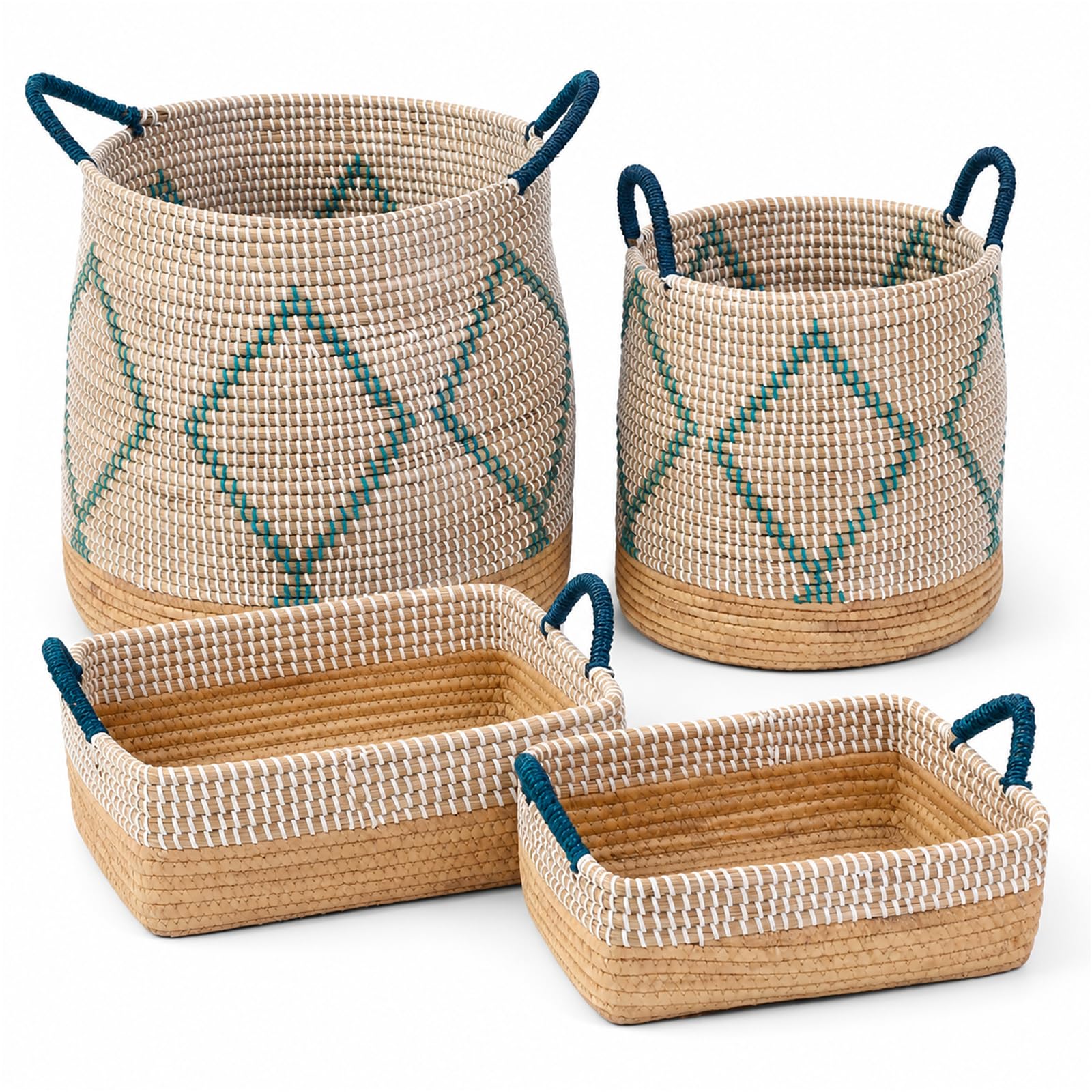 4er Set Aufbewahrungskorb Seegraskorb mit Griffen, Wäschekorb Geflochtener Korb, Handgeflochtener Spielzeugkorb aus Vietnam, 49L/29L/10.7L/7.6L für Wohnzimmer Schlafzimmer Küche Bad Kinderzimmer