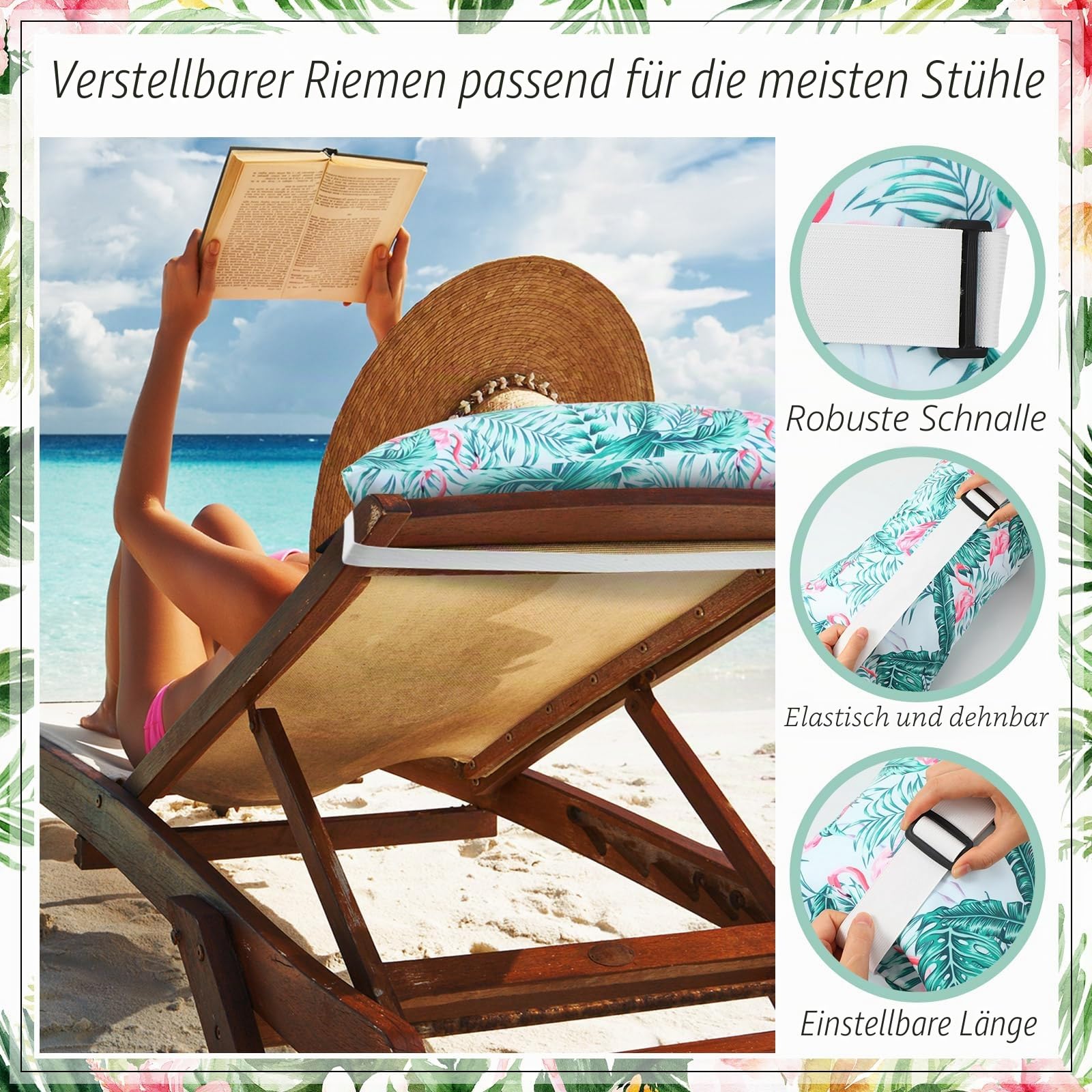 Menkxi Aufblasbares Strandkissen mit abnehmbarem Bezug, Outdoor-Pool-Kissen, Strandkorb-Kissen für Sand, aufblasbares Camping-Kissen für Reisen, Urlaub, tropischer Flamingo