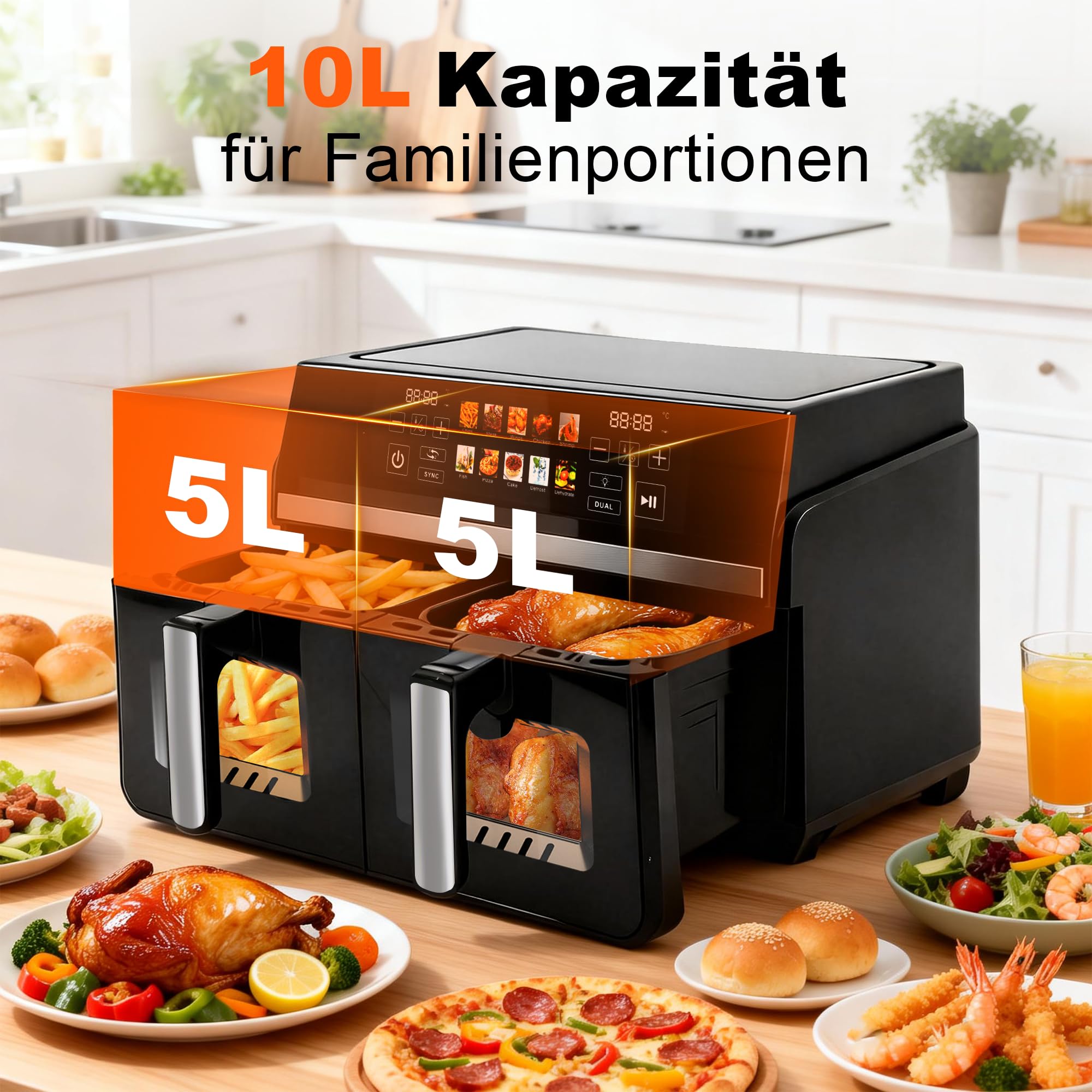 Citybee Heißluftfritteuse 2 Kammern XXL 10L (5L+5L) mit Sichtfenster, Dual Zone Airfryer Doppelkammer, 2 Garzonen, SYNC & DUAL, 2200W Touchscreen, Timer bis 24h, spülmaschinengeeignet