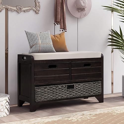 Miniatura 25 de Merax Moderno banco de almacenamiento de madera con 2 cajones y 1 cesta de ratán para sala de estar, cama, entrada, natural