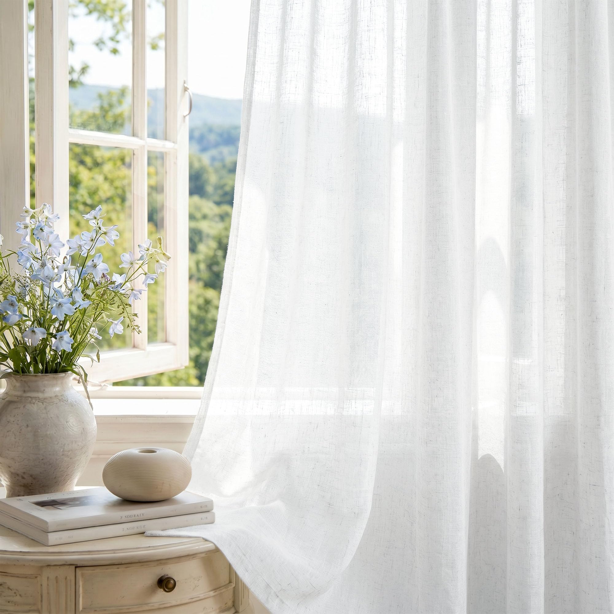 Deconovo Tende per Interni Effetto Lino con Fettuccia, Tende Velate Trasparenti Filtranti per Soggiorno e Camera da Letto, 1 Pannello 300 x 245 cm, OEKO-TEX® STANDARD 100, Bianco Lino