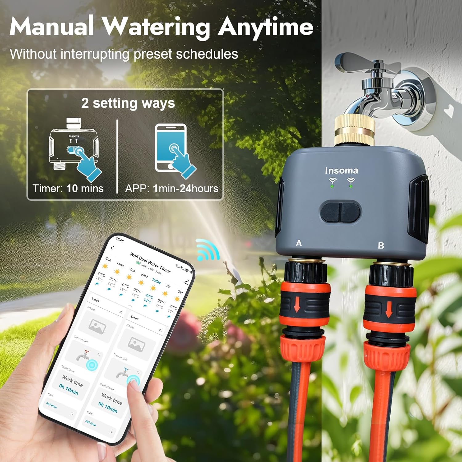 Insoma WiFi Water Timer showing manual and app watering options