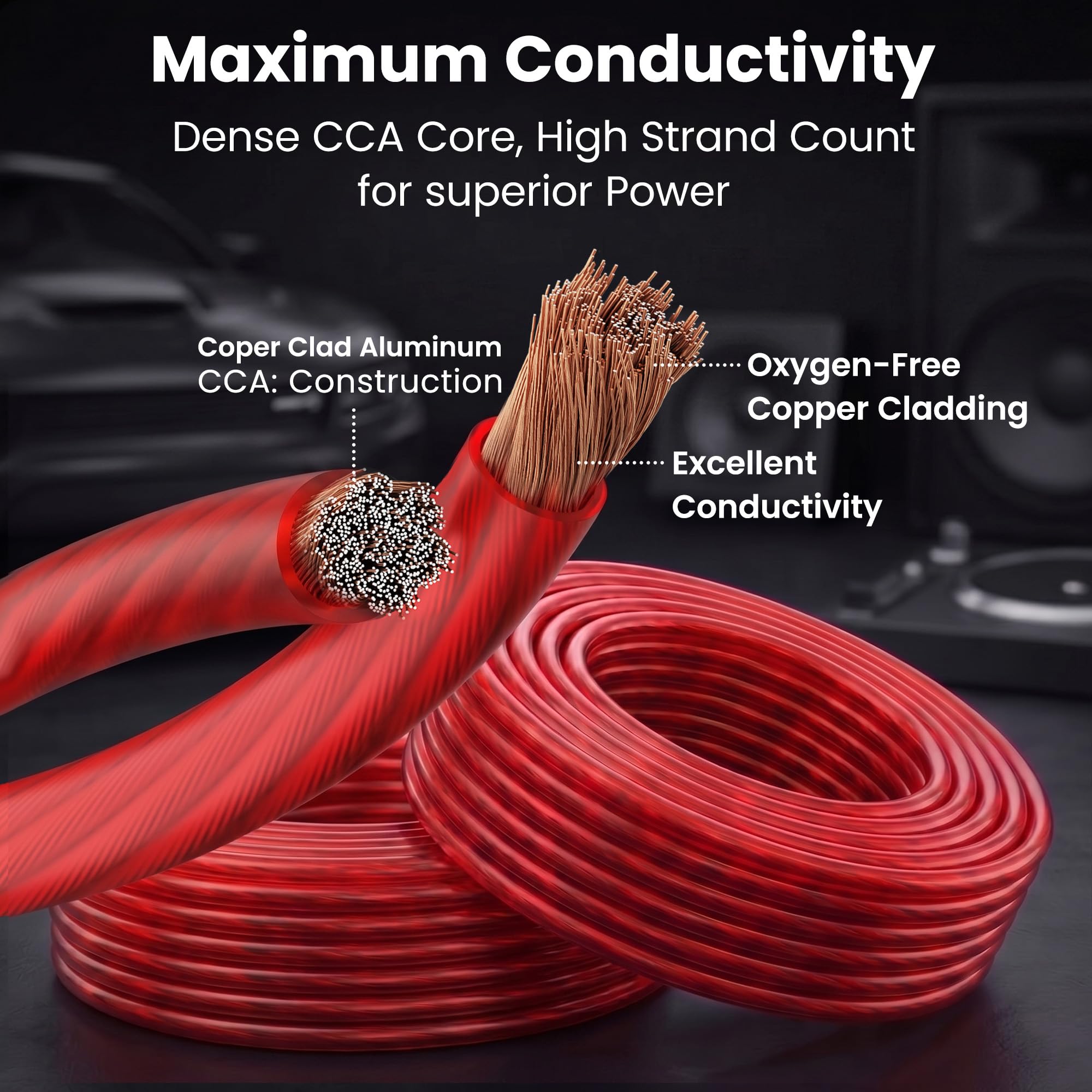 GearIT Cable de calibre 1/0 (7,6 m – rojo translúcido) de aluminio recubierto de cobre, CCA, cable de batería primario automotriz, cable de batería, altavoz de audio para coche, remolque, amplificador