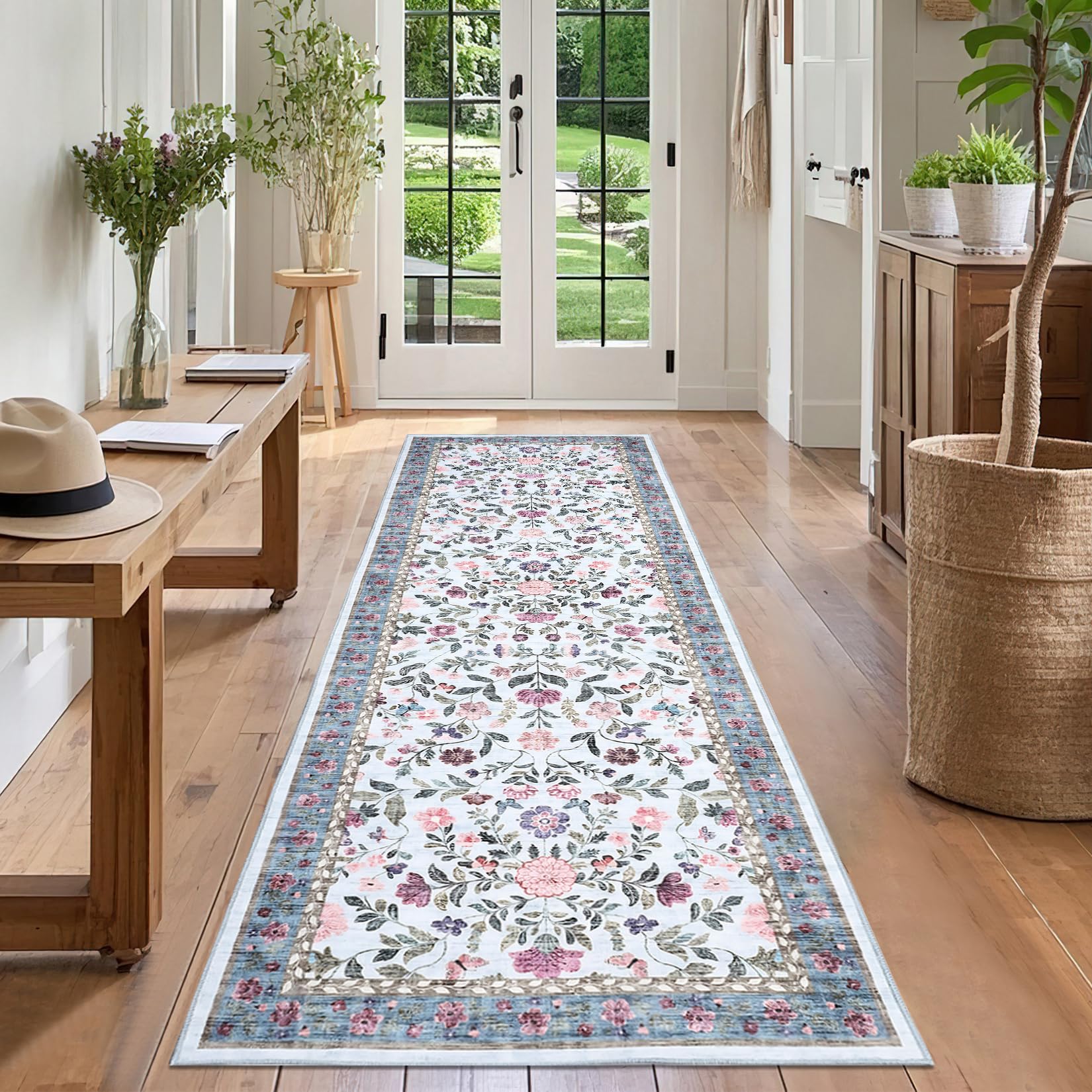 CAROMIO Hallway Runner Rug 60x180 cm, Floral Bedside Rugs Bedroom, Washable Farmhouse Carpet for Living Room, Low Pile Foldable Floor Mat for Kitchen, Blue