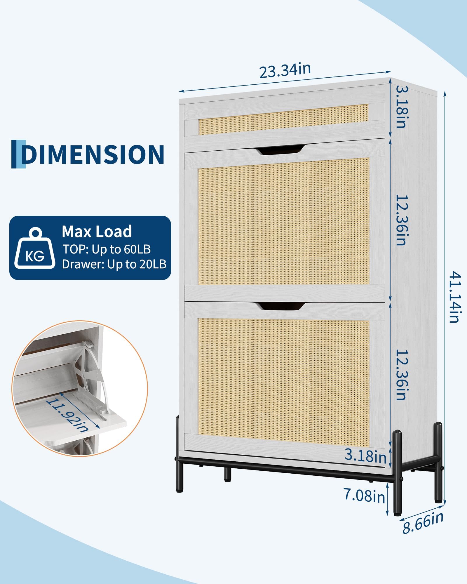 Zapatero estrecho de madera con 2 puertas abatibles y estantes ajustables - Cajón superior, estructura MDF estable - Diseño moderno y compacto, almacenamiento ventilado para entrada o recibidor