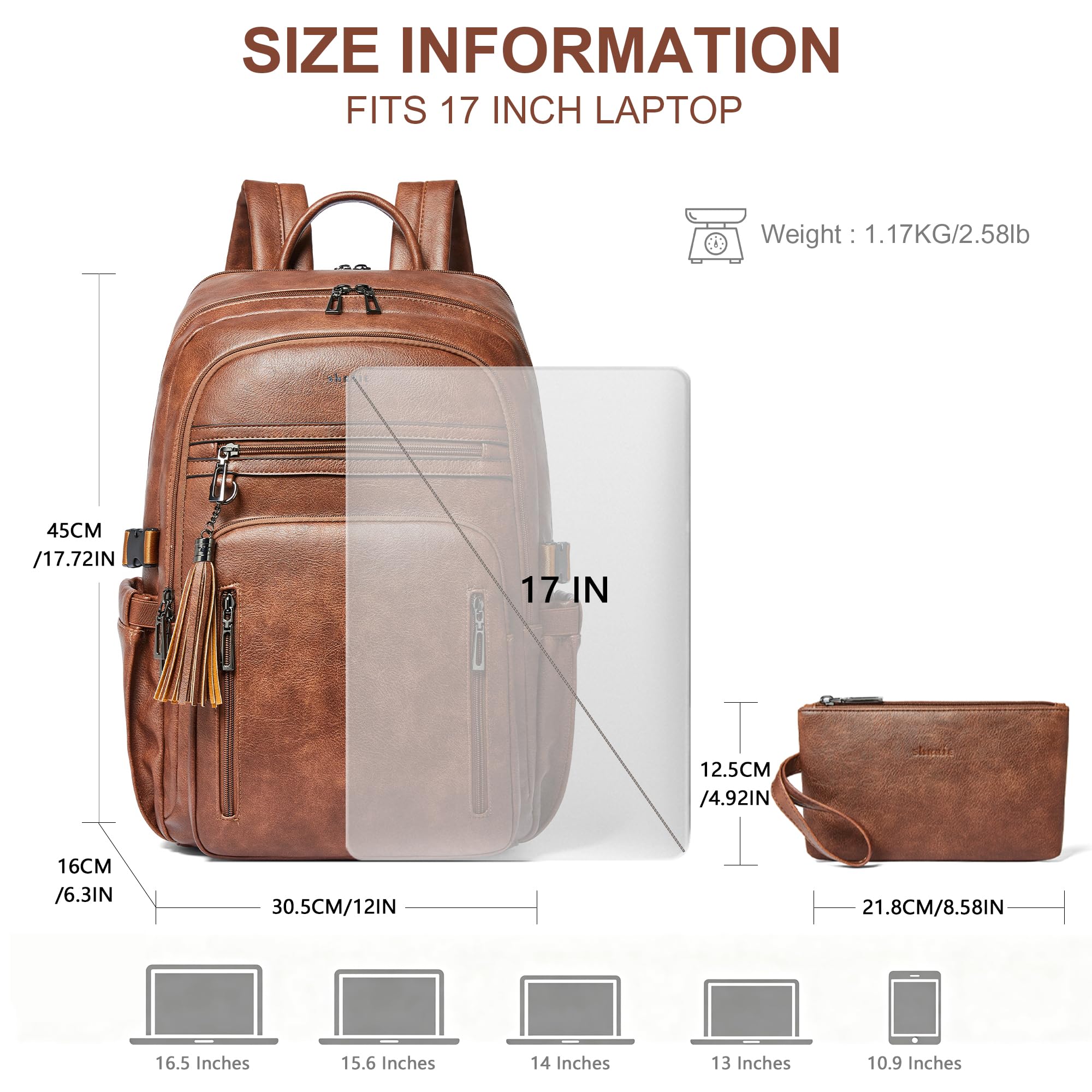 Shrrie Sac à dos en cuir unisexe 28L avec compartiment pour ordinateur jusqu'à 17". Port USB,Pochette RFID,idéal pourde voyage travail, études et week-end.