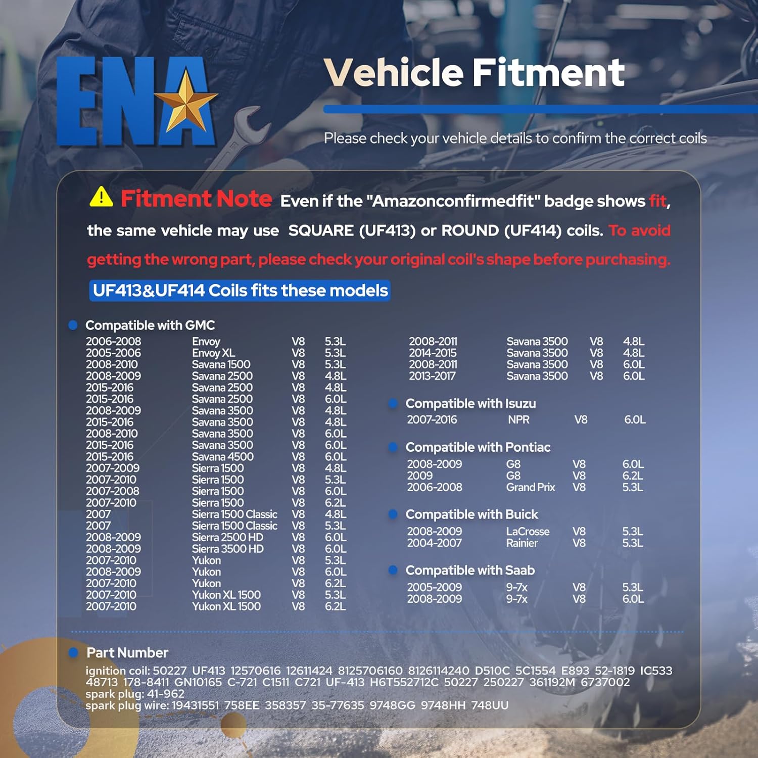 ENA Set of 8 Professional Ignition Coil and 7mm Blue Wire Set with 8 Platinum Spark Plug Compatible with Buick Cadillac Chevrolet GMC LaCrosse Express Savana 2500 5.3L 6.2L 6.0L Replacement for UF413