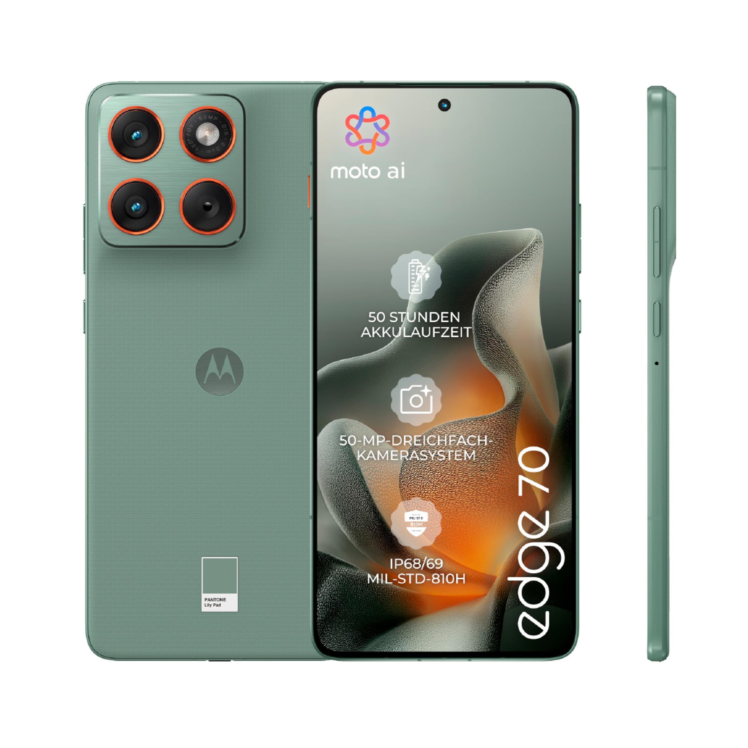 Motorola Edge 70 Smartphone (Robustes 6,67"-pOLED-Display mit Gorilla Glass 7i, 50-MP-Kamera, 12-512 GB, Wasser- und hitzebeständig, 68W-TurboPower-Aufladen), Pantone Lily Pad, inkl. Magnetcover