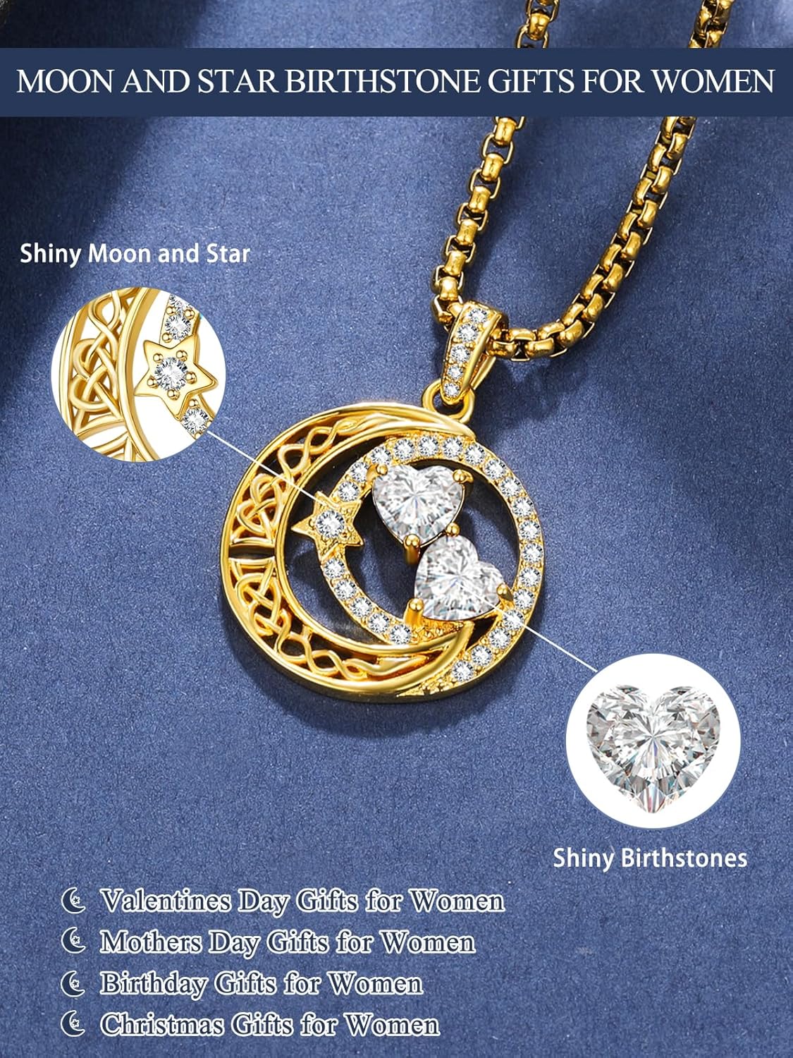 JIYVY3214K Gold Moon and Star Valentines Necklace Gifts for Women - Double Heart Birthstone Necklace,Valentines Wedding Anniversary Birthday Gifts for Her Wife Mom Daughter Grandma Sister - Image 2