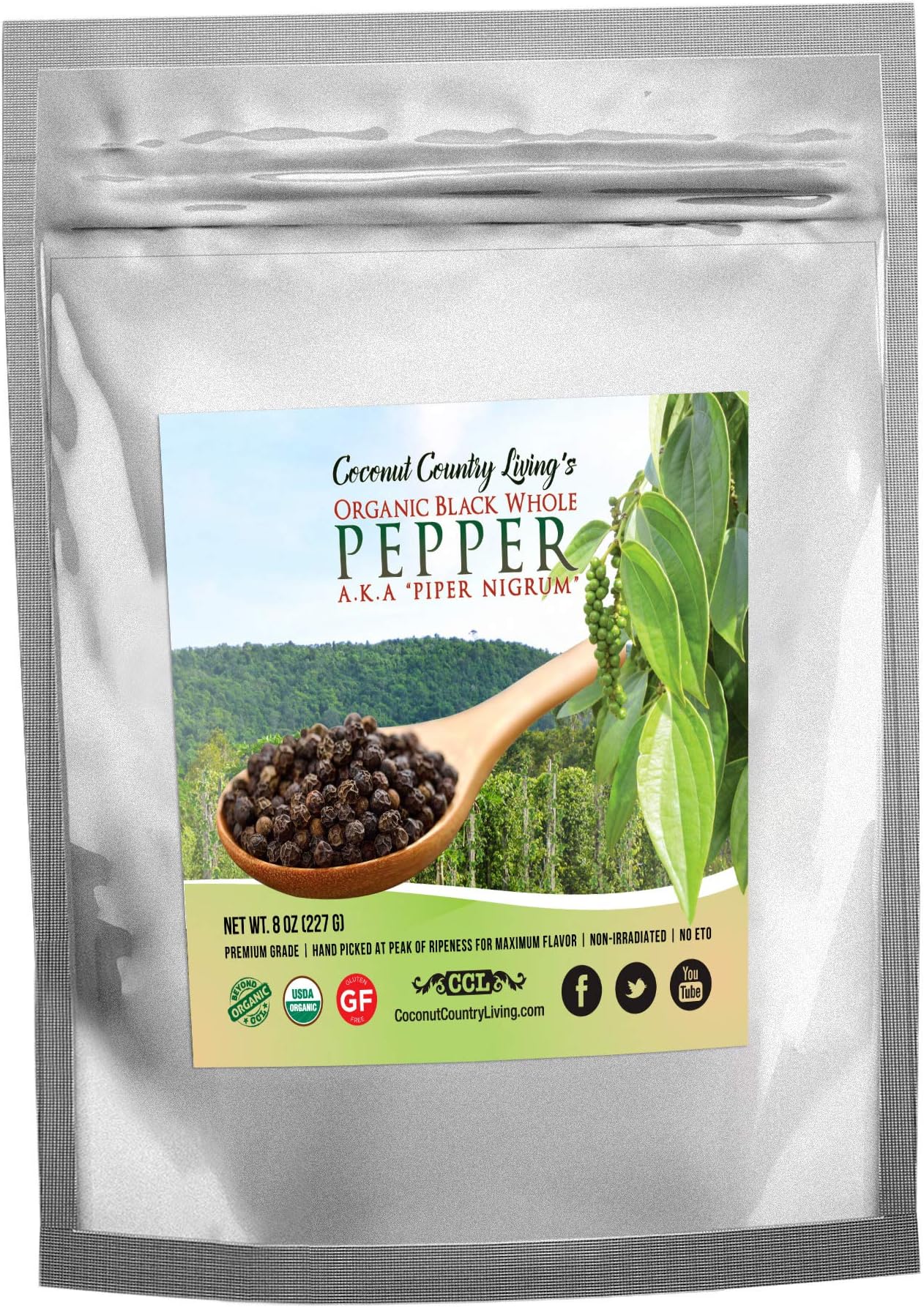 Coconut Country Living's organic Whole Black Peppercorns - Fair Trade Premium Peppercorns for Grinder Refill - No Contact w/Gluten, Soy, Peanuts, GMO, etc - Complimentary eBook - 8 oz