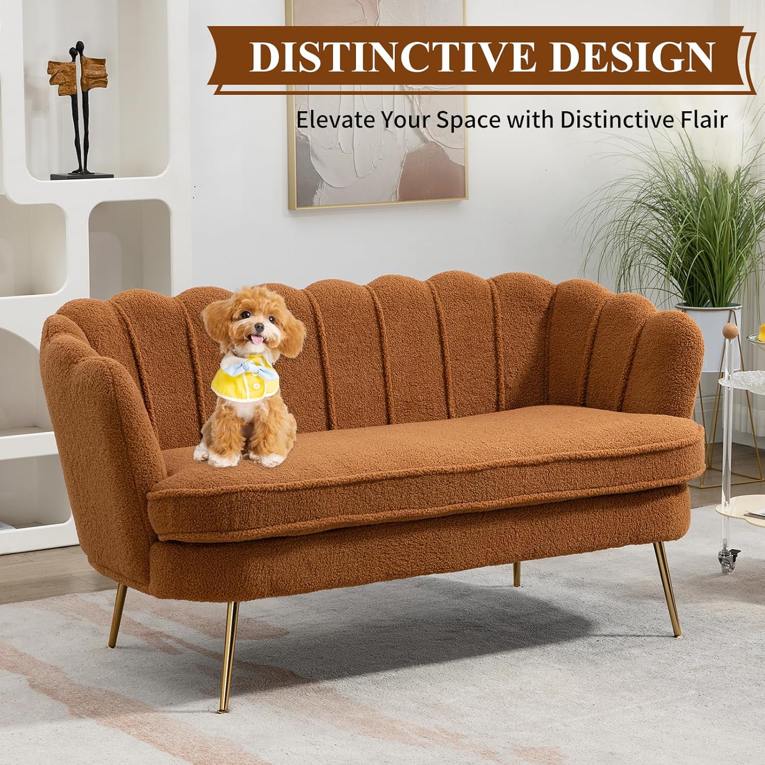 59" Wide Loveseat Sofa, Boucle Upholstered Small Couch with Petal-Shaped Design, Modern Leisure Sofa with Gold Metal Legs, Mini Room Couch for Bedroom (Caramel-Boucle)